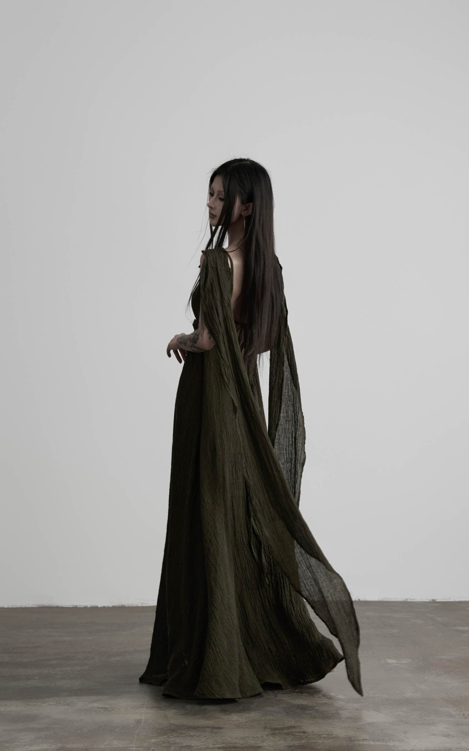 DOINDULGE Shadow Veil Draped Maxi Dress Dark Ash Flowing Slip Dress
