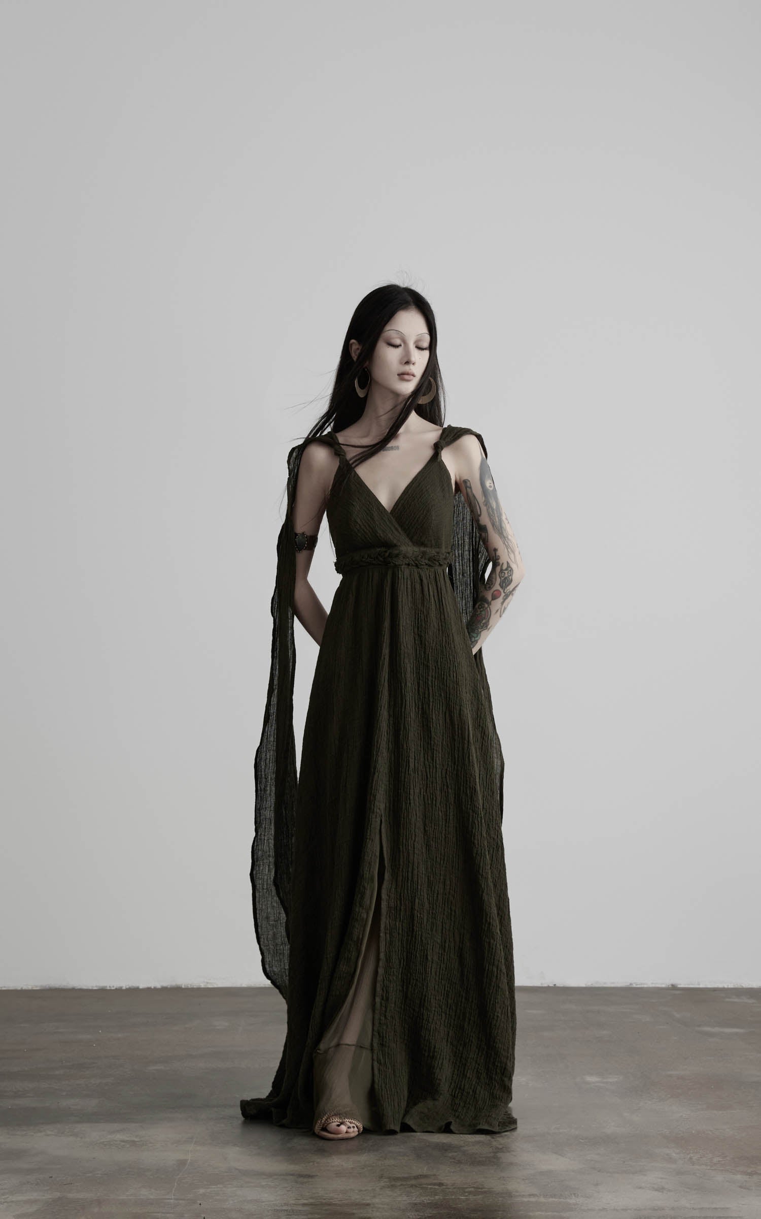 DOINDULGE Shadow Veil Draped Maxi Dress Dark Ash Flowing Slip Dress
