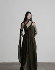 DOINDULGE Shadow Veil Draped Maxi Dress Dark Ash Flowing Slip Dress