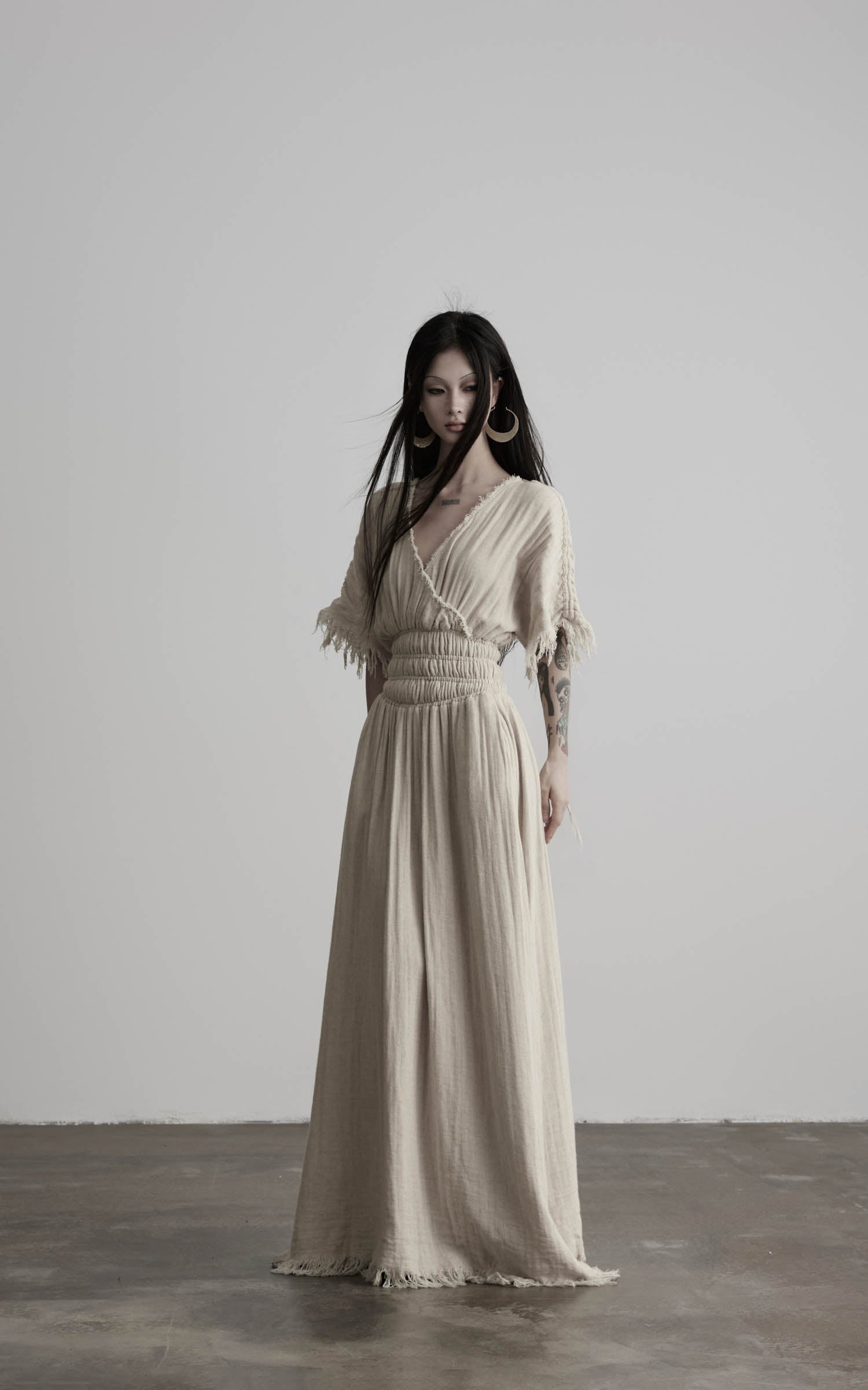 DOINDULGE Ruined Gauze Draped Maxi Dress Raw Edge Smocked Waist Ritual Dress