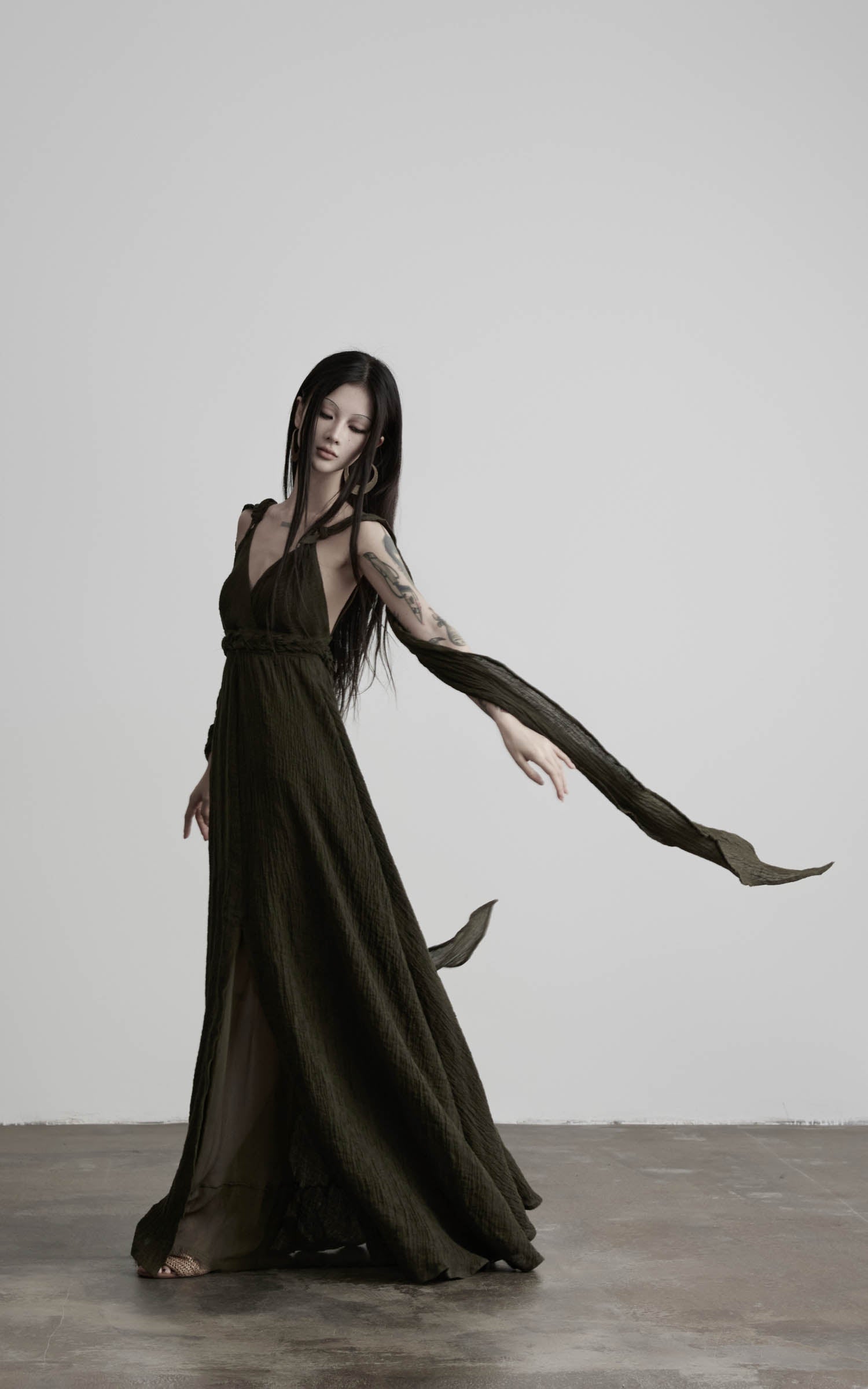 DOINDULGE Shadow Veil Draped Maxi Dress Dark Ash Flowing Slip Dress