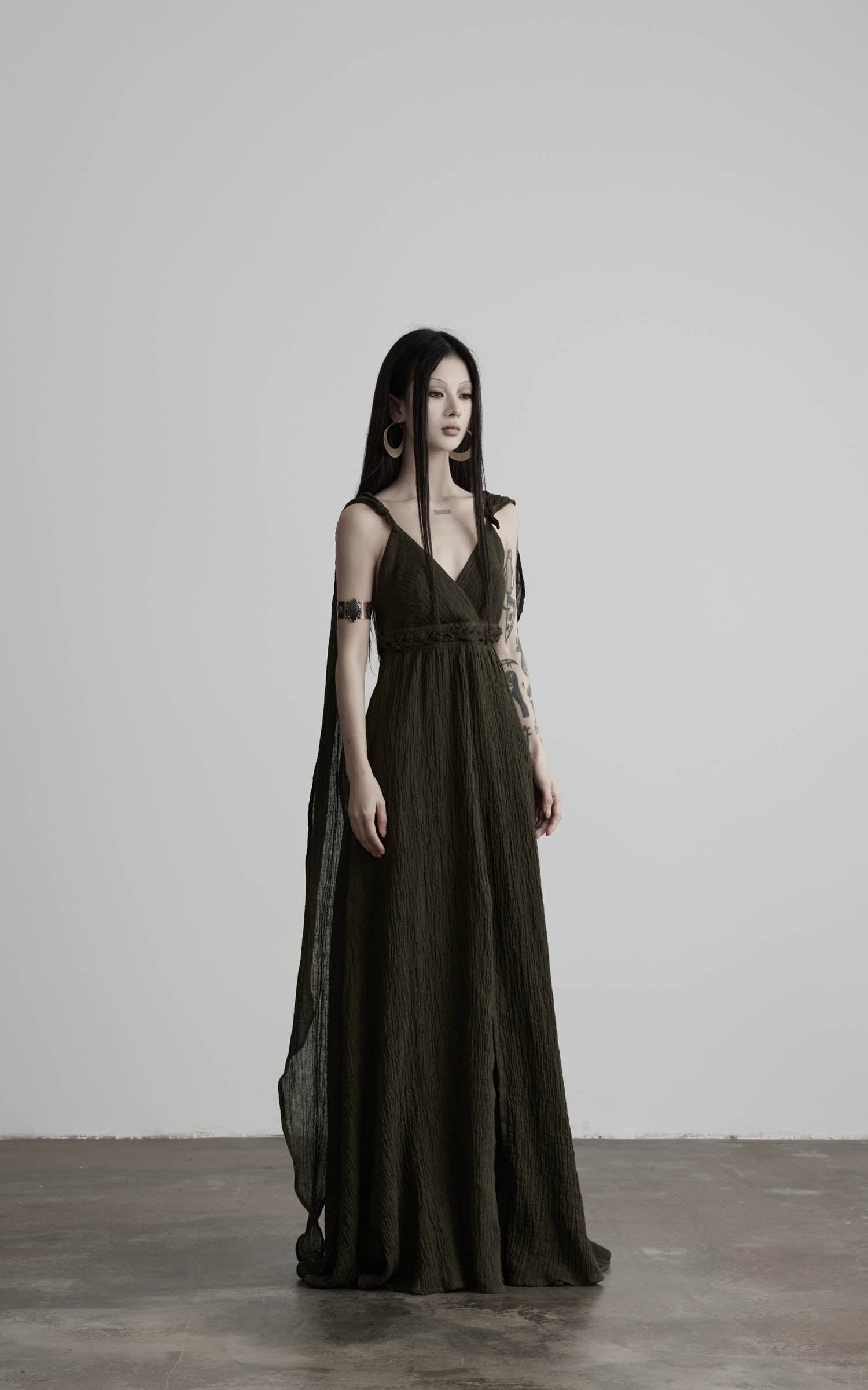 DOINDULGE Shadow Veil Draped Maxi Dress Dark Ash Flowing Slip Dress