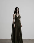 DOINDULGE Shadow Veil Draped Maxi Dress Dark Ash Flowing Slip Dress