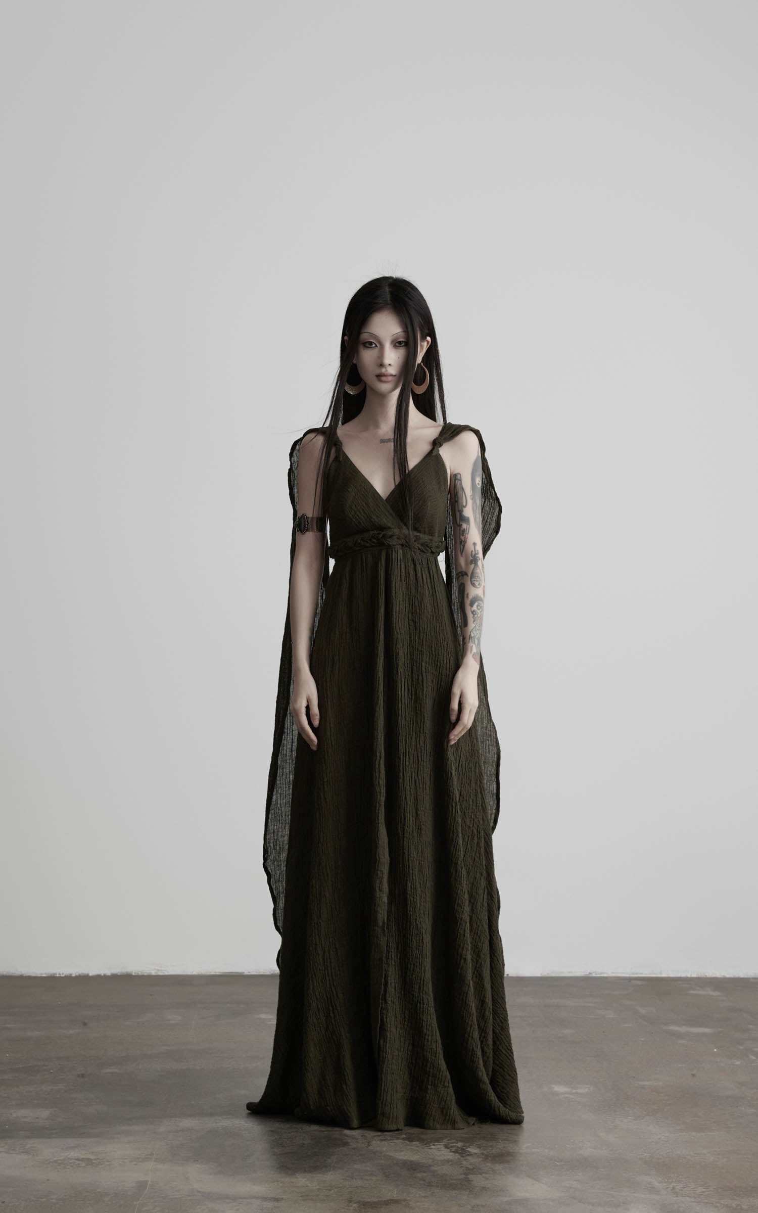 DOINDULGE Shadow Veil Draped Maxi Dress Dark Ash Flowing Slip Dress