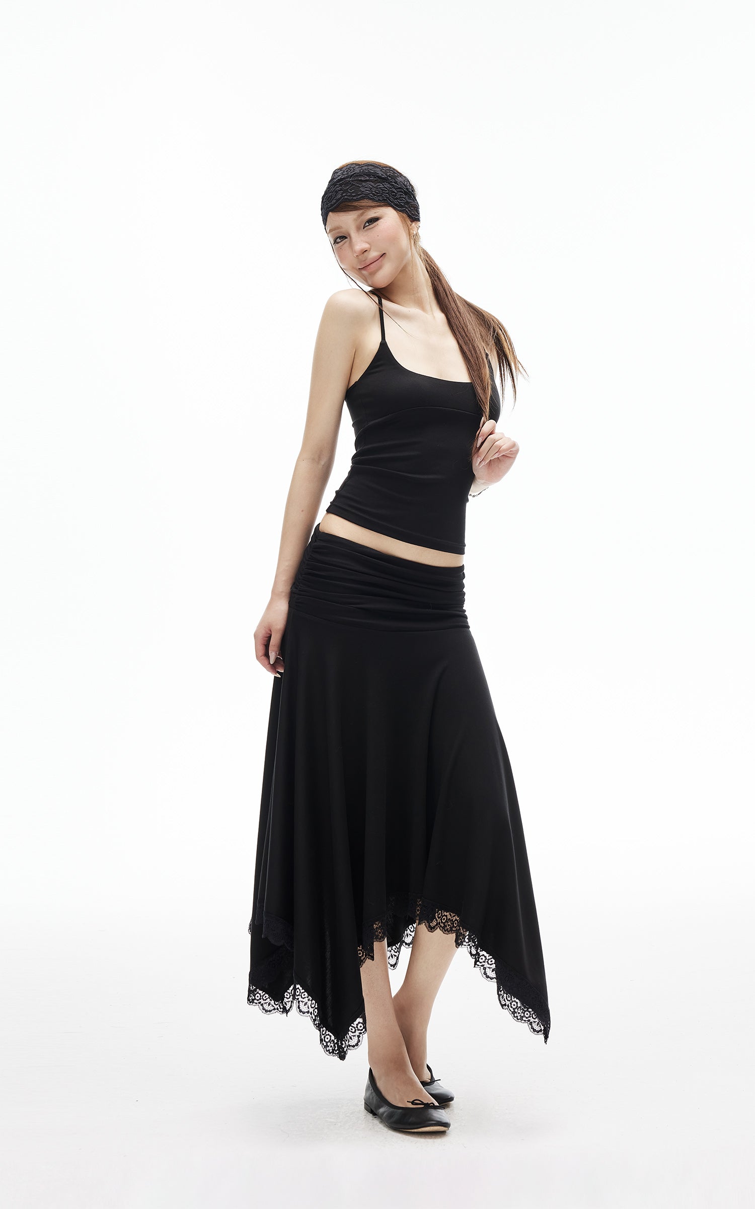 IAMXIAA Jupe midi asymétrique à bordure en dentelle