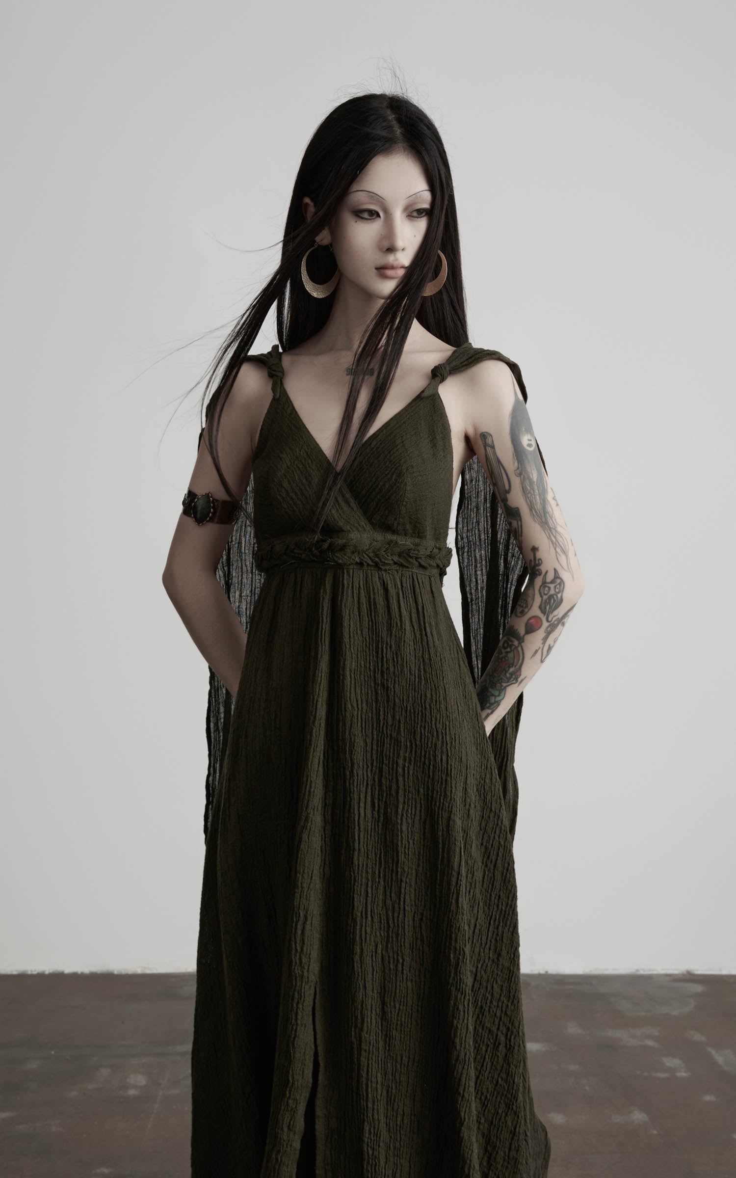 DOINDULGE Shadow Veil Draped Maxi Dress Dark Ash Flowing Slip Dress