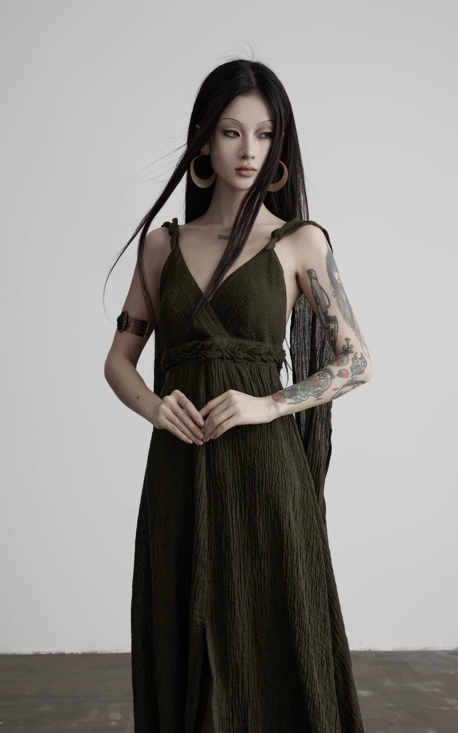 DOINDULGE Shadow Veil Draped Maxi Dress Dark Ash Flowing Slip Dress
