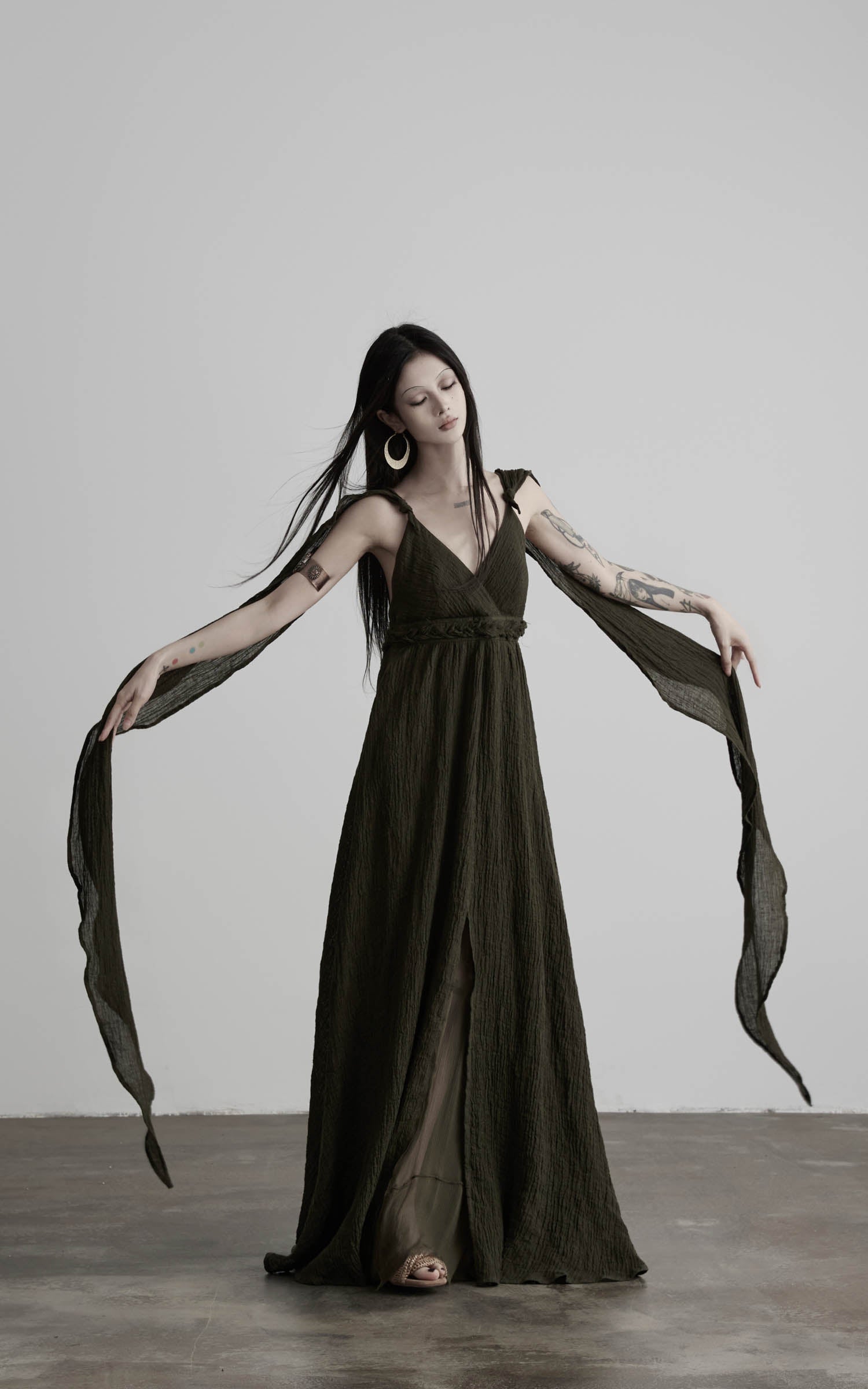 DOINDULGE Shadow Veil Draped Maxi Dress Dark Ash Flowing Slip Dress