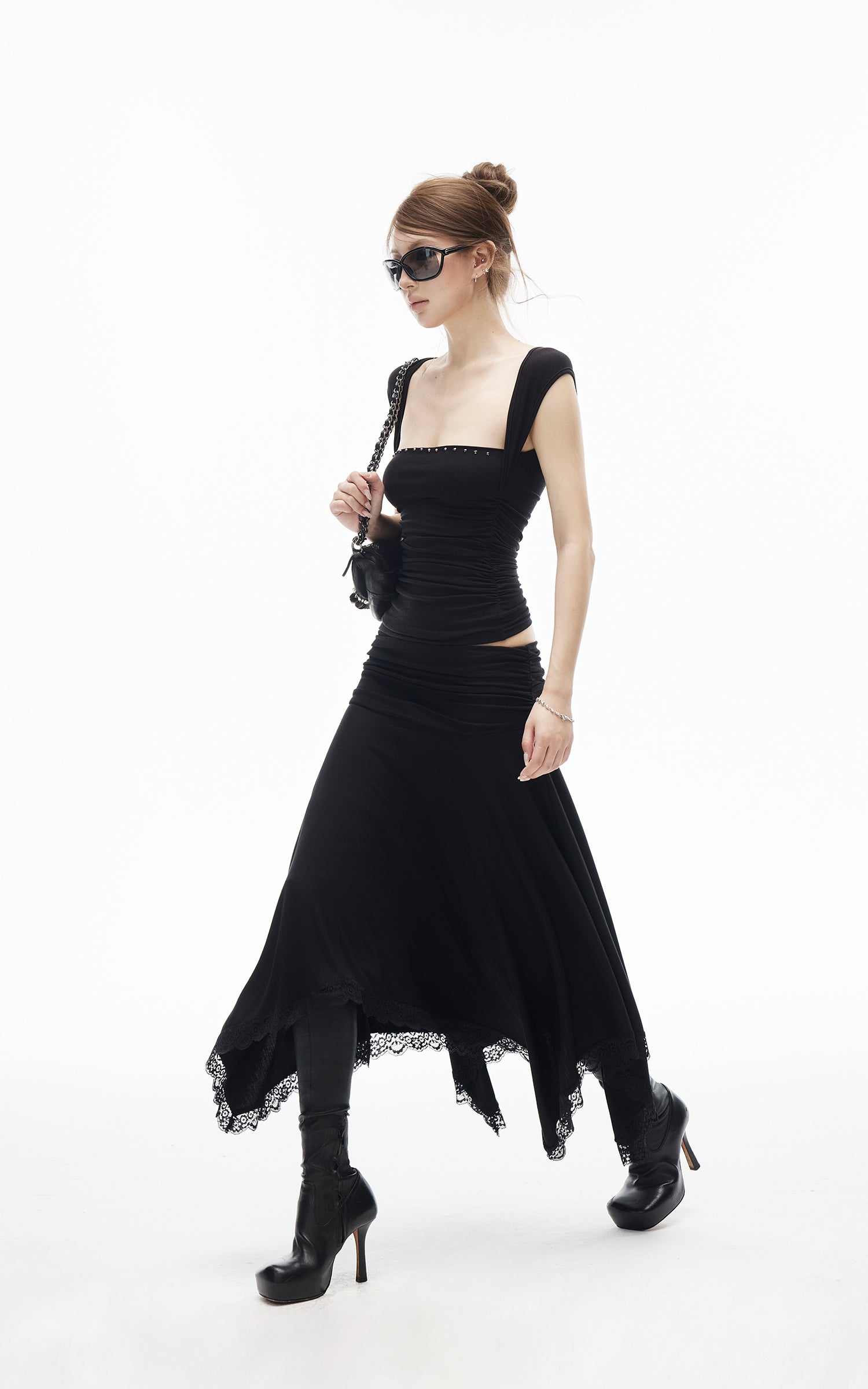 IAMXIAA Jupe midi asymétrique à bordure en dentelle
