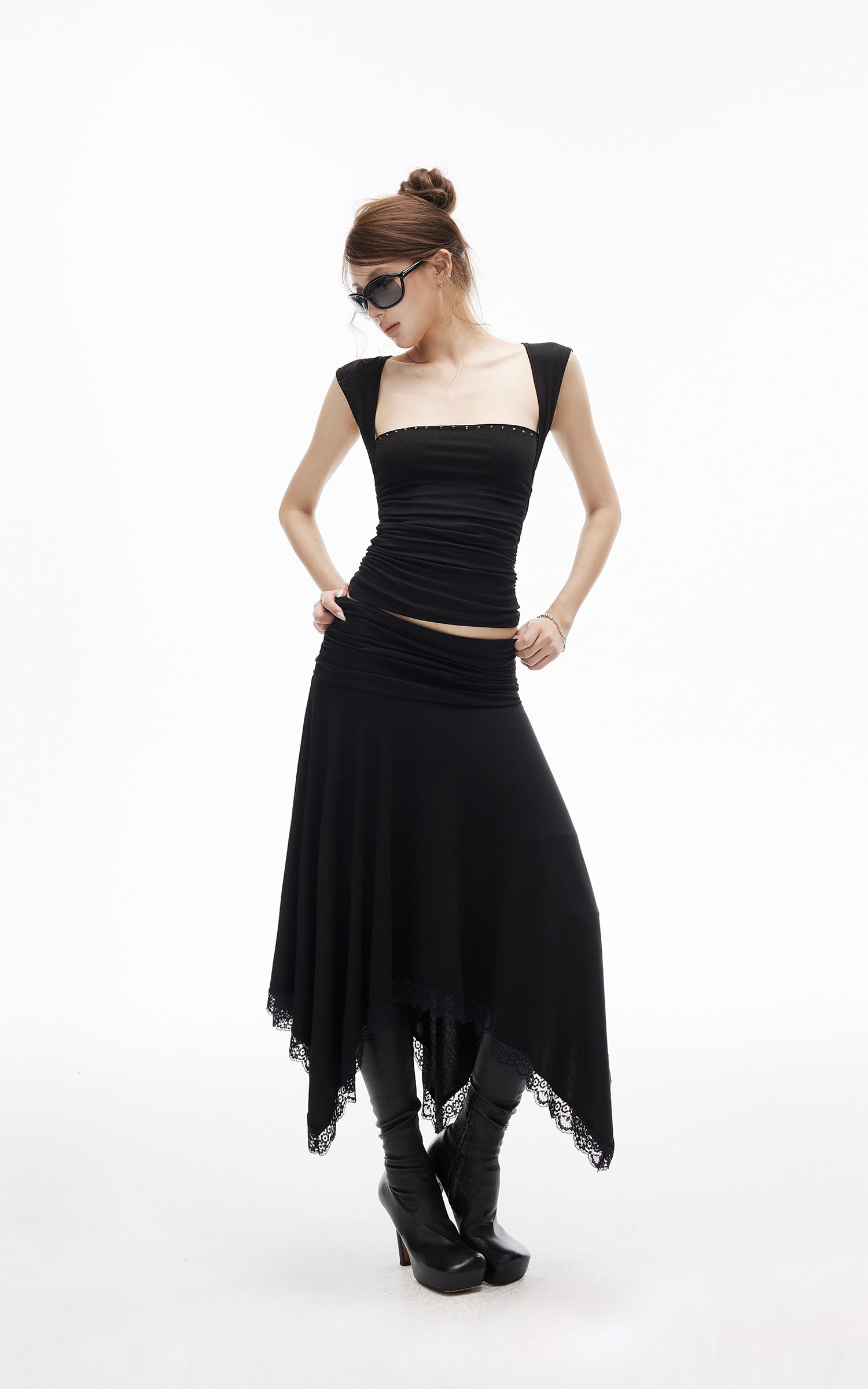 IAMXIAA Studded Ruched Square Neck Tee