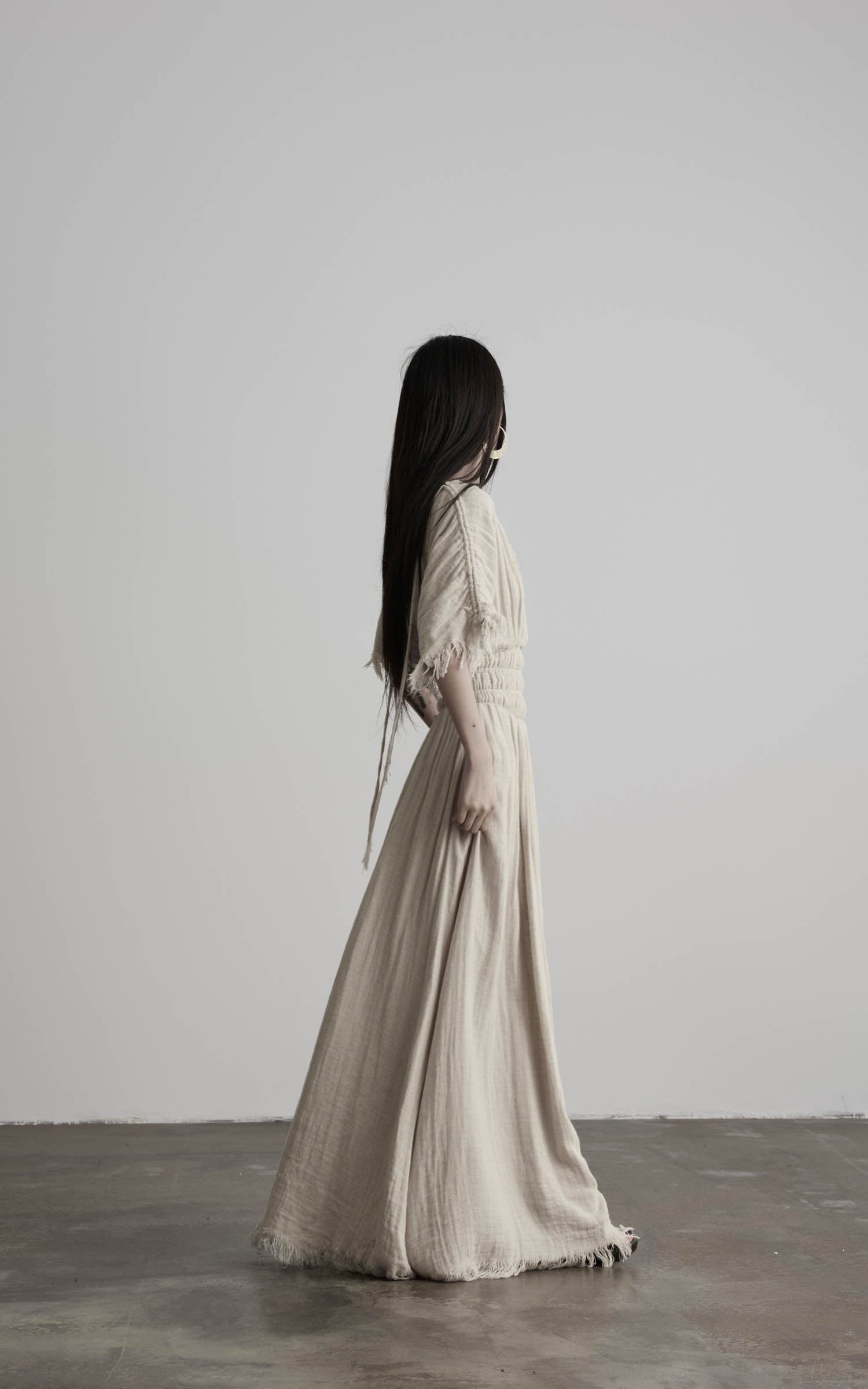 DOINDULGE Ruined Gauze Draped Maxi Dress Raw Edge Smocked Waist Ritual Dress