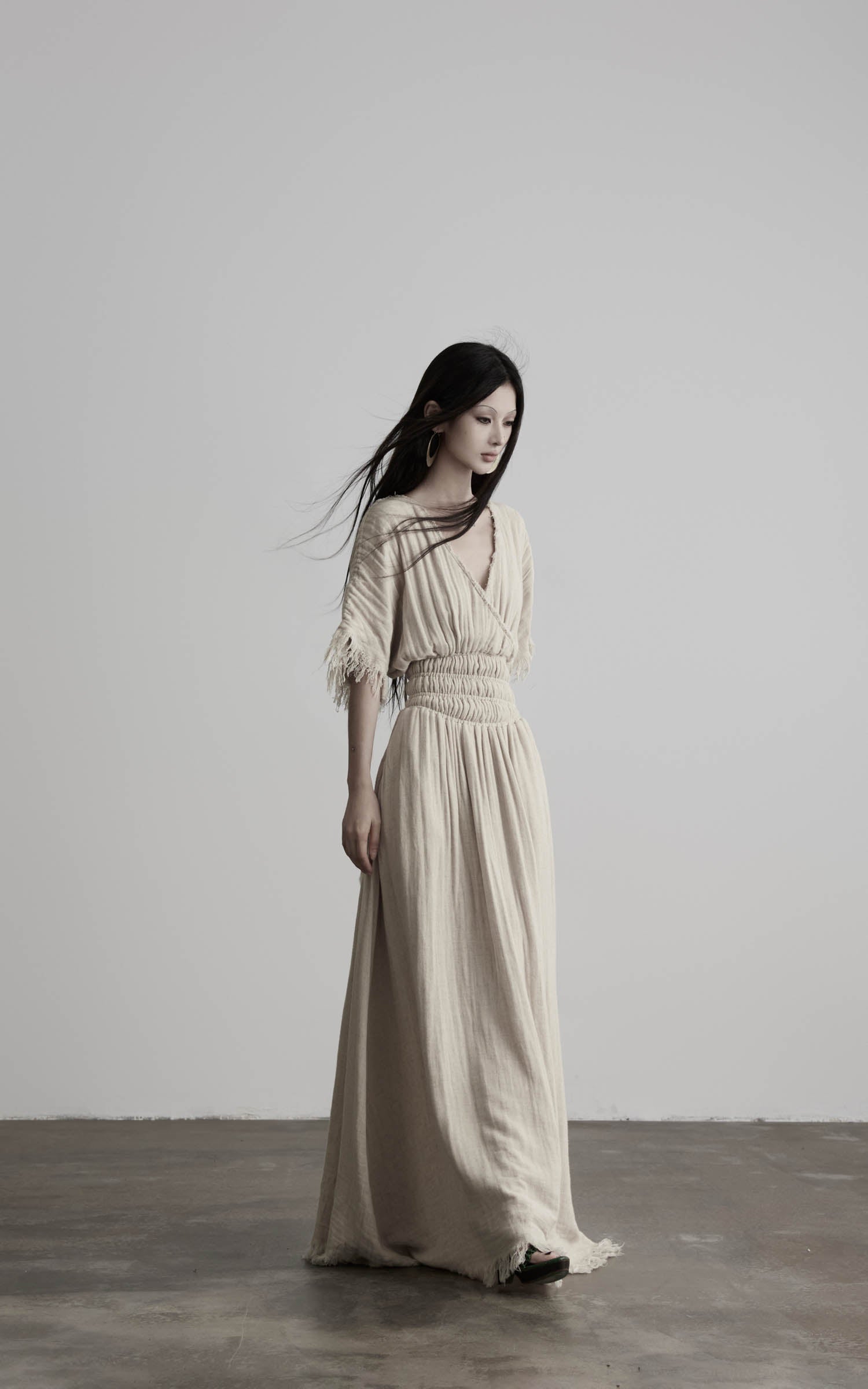 DOINDULGE Ruined Gauze Draped Maxi Dress Raw Edge Smocked Waist Ritual Dress