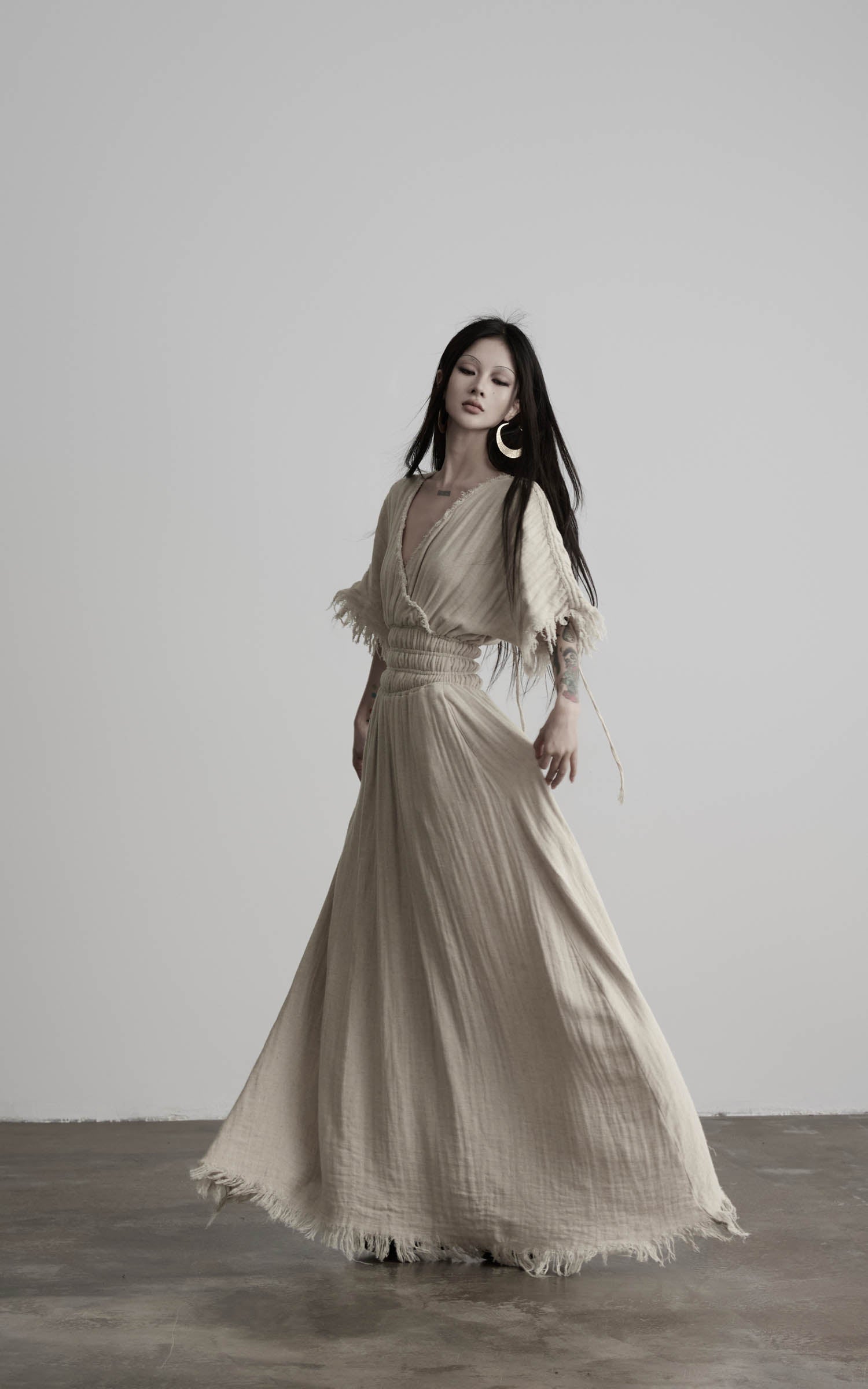 DOINDULGE Ruined Gauze Draped Maxi Dress Raw Edge Smocked Waist Ritual Dress