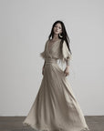DOINDULGE Ruined Gauze Draped Maxi Dress Raw Edge Smocked Waist Ritual Dress