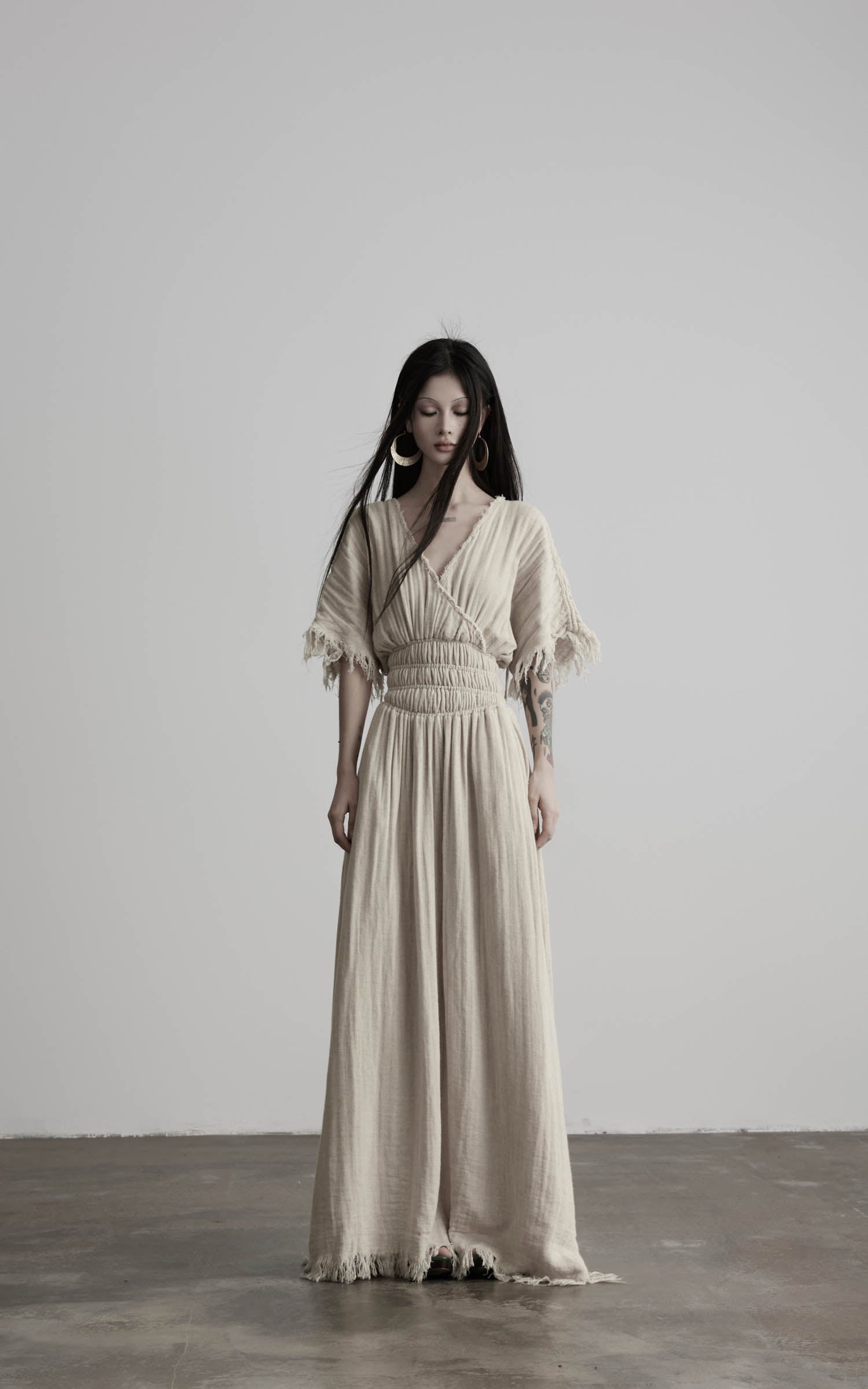DOINDULGE Ruined Gauze Draped Maxi Dress Raw Edge Smocked Waist Ritual Dress