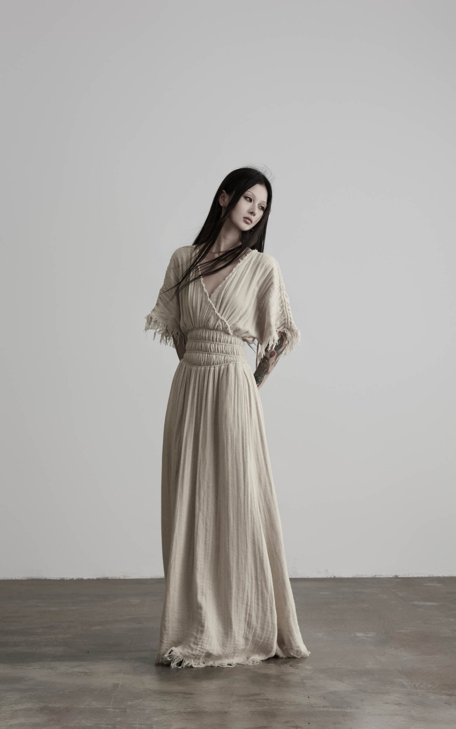DOINDULGE Ruined Gauze Draped Maxi Dress Raw Edge Smocked Waist Ritual Dress