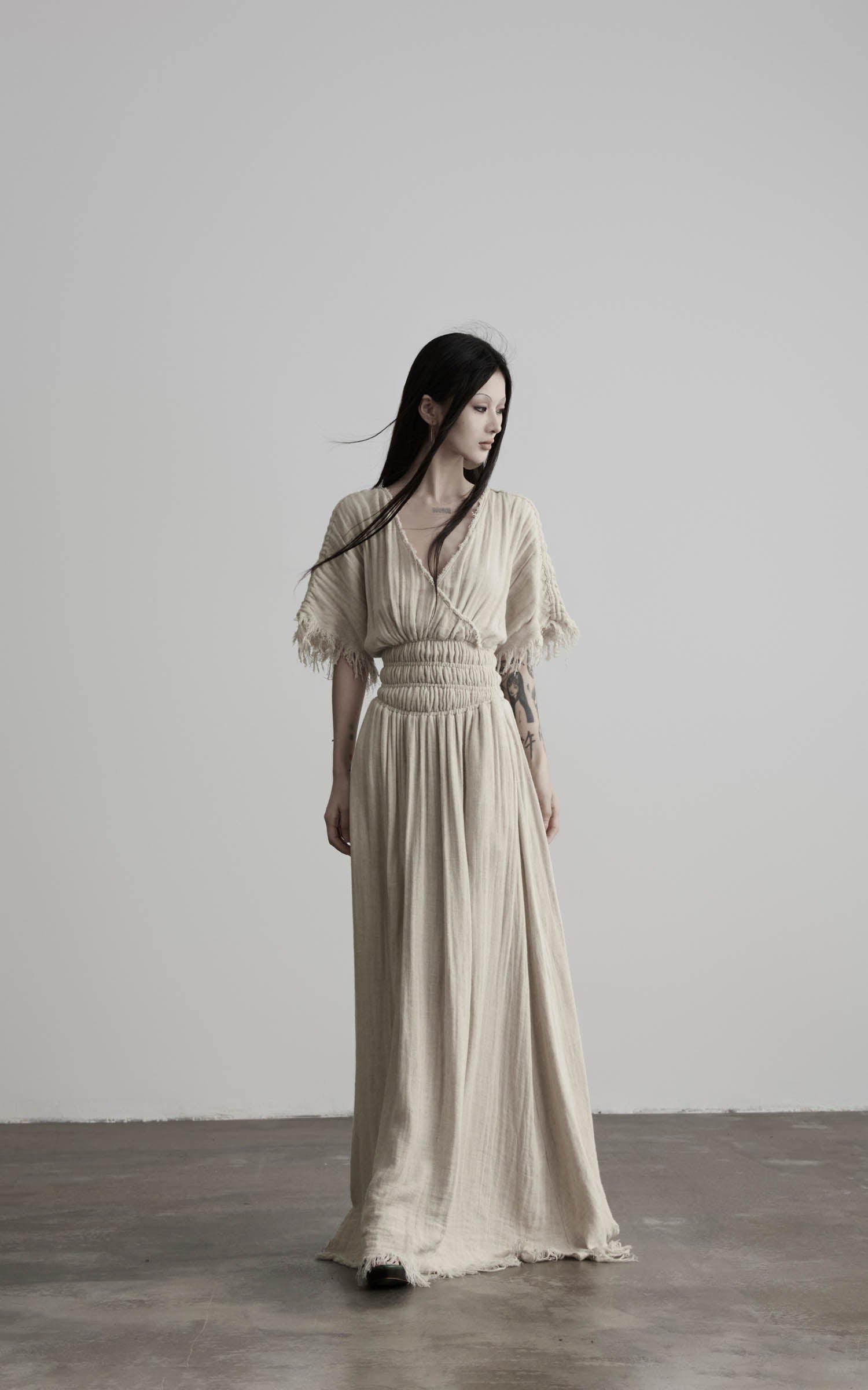 DOINDULGE Ruined Gauze Draped Maxi Dress Raw Edge Smocked Waist Ritual Dress