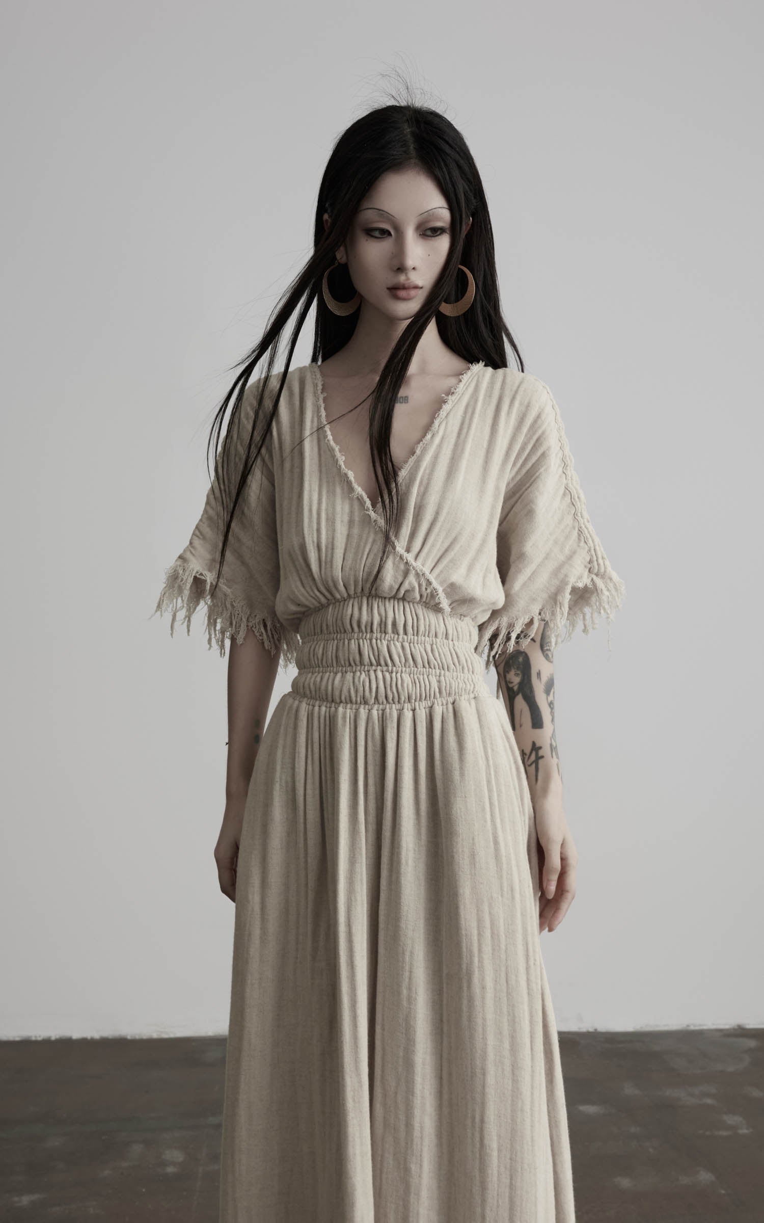 DOINDULGE Ruined Gauze Draped Maxi Dress Raw Edge Smocked Waist Ritual Dress