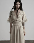 DOINDULGE Ruined Gauze Draped Maxi Dress Raw Edge Smocked Waist Ritual Dress