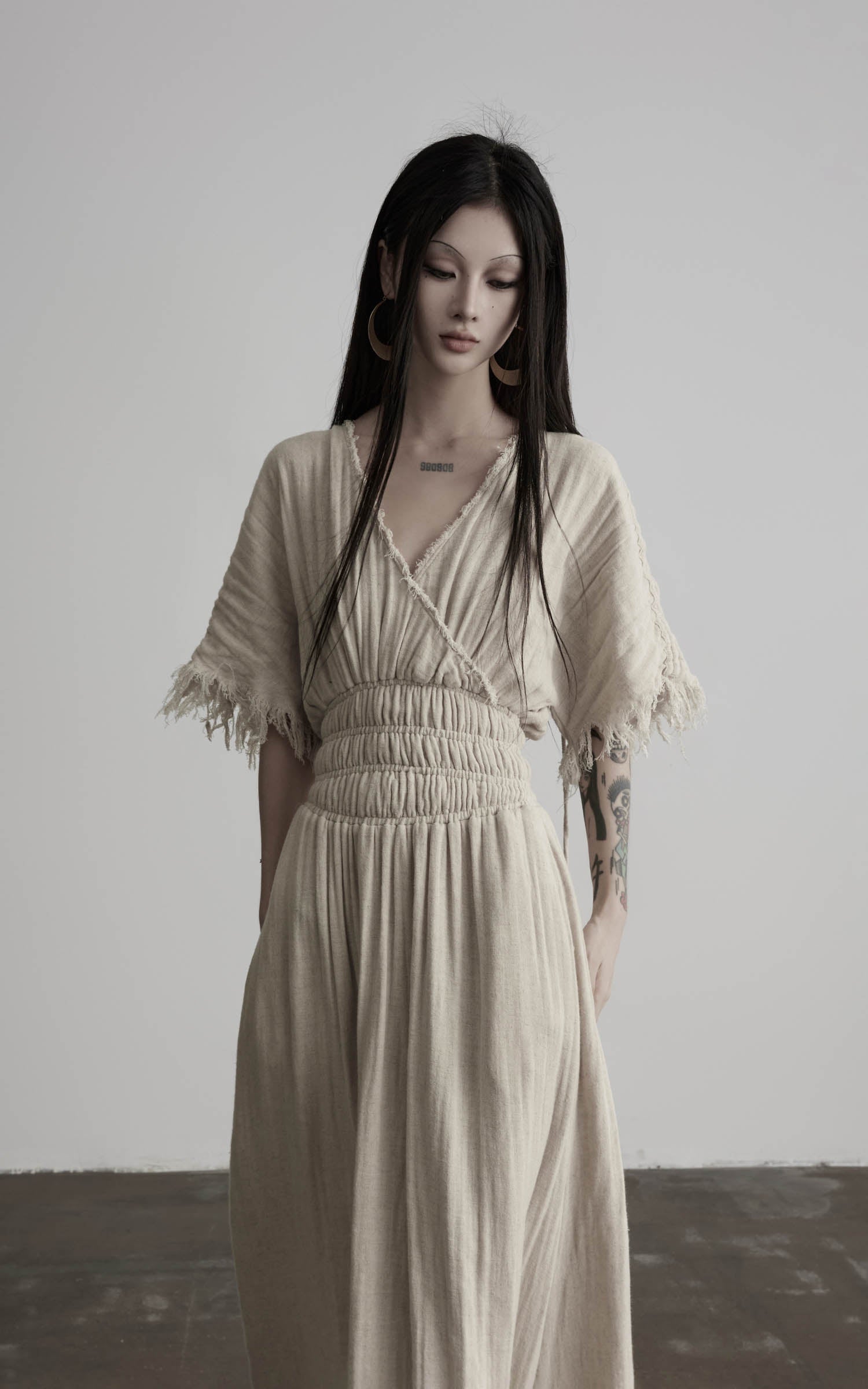 DOINDULGE Ruined Gauze Draped Maxi Dress Raw Edge Smocked Waist Ritual Dress