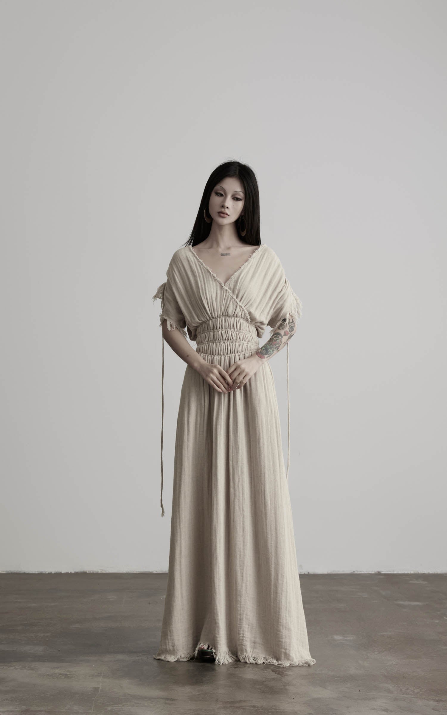 DOINDULGE Ruined Gauze Draped Maxi Dress Raw Edge Smocked Waist Ritual Dress