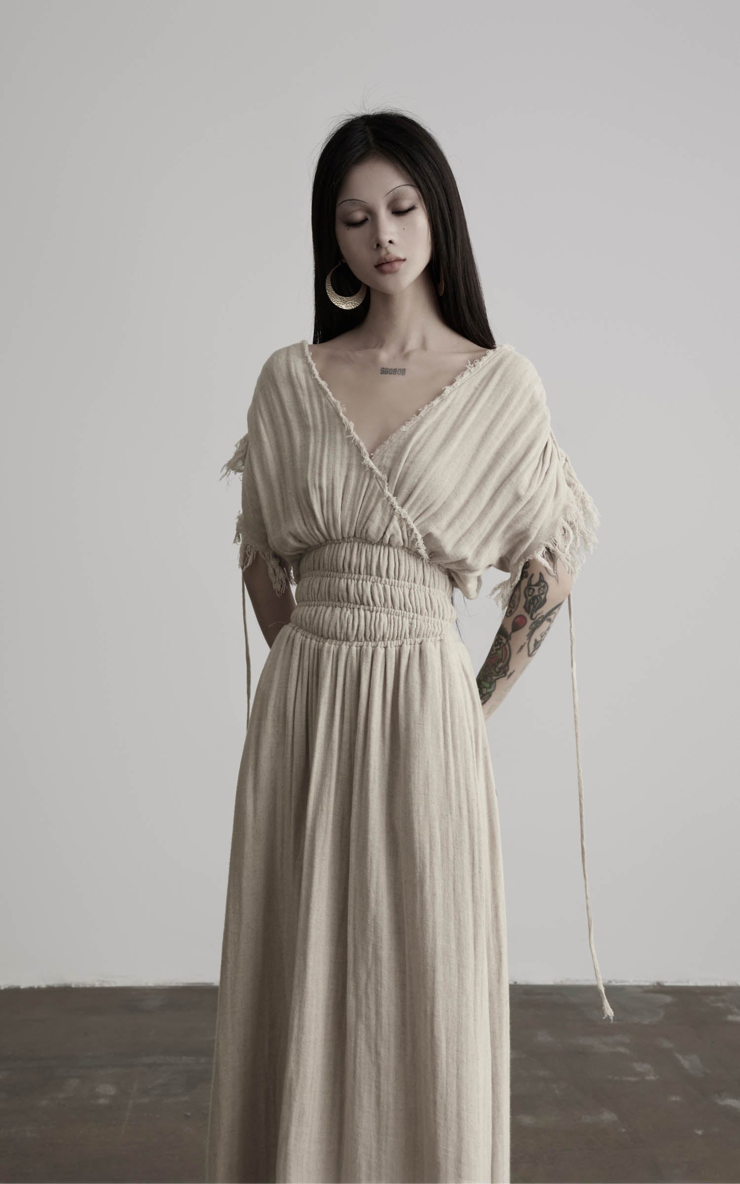 DOINDULGE Ruined Gauze Draped Maxi Dress Raw Edge Smocked Waist Ritual Dress