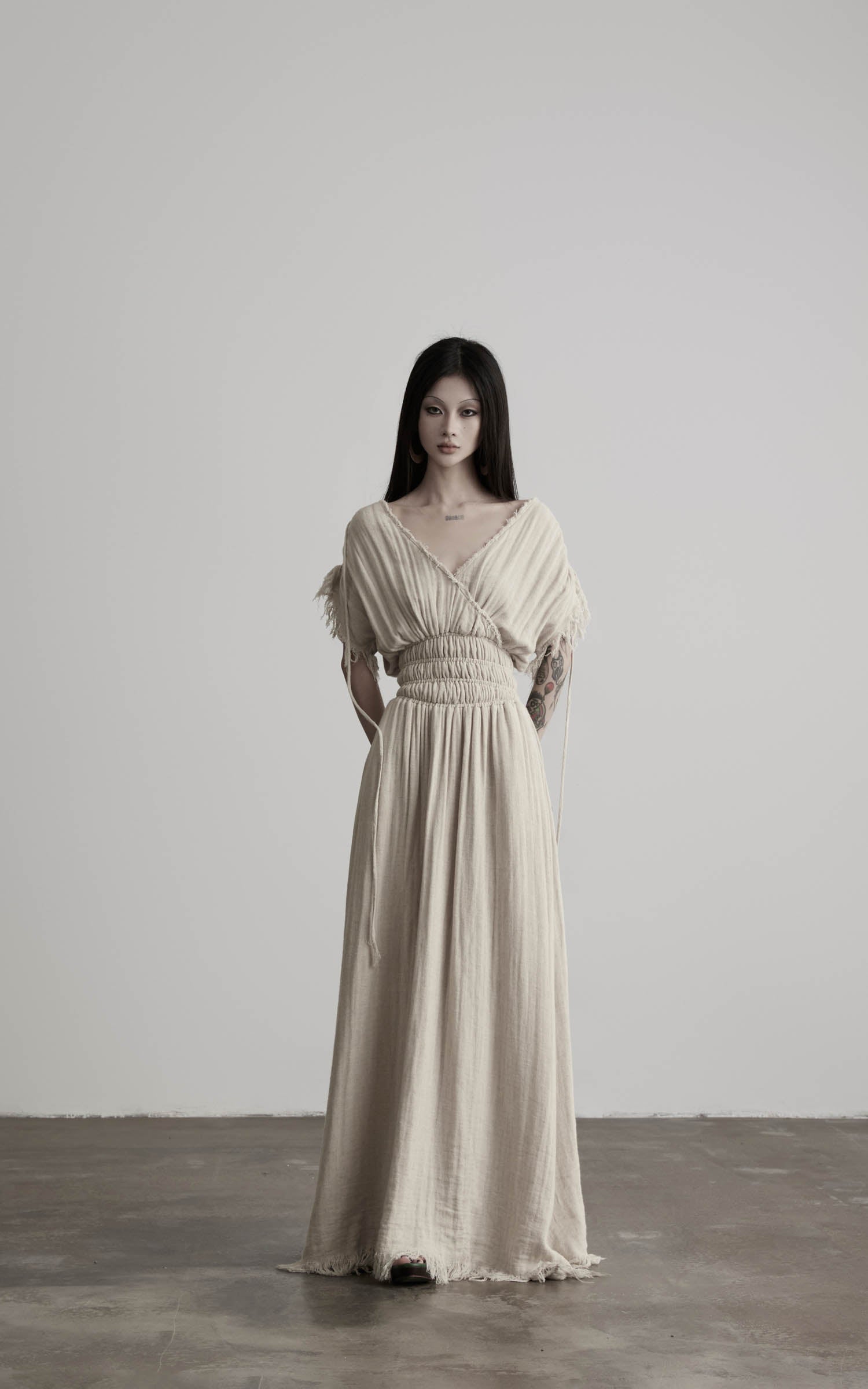 DOINDULGE Ruined Gauze Draped Maxi Dress Raw Edge Smocked Waist Ritual Dress