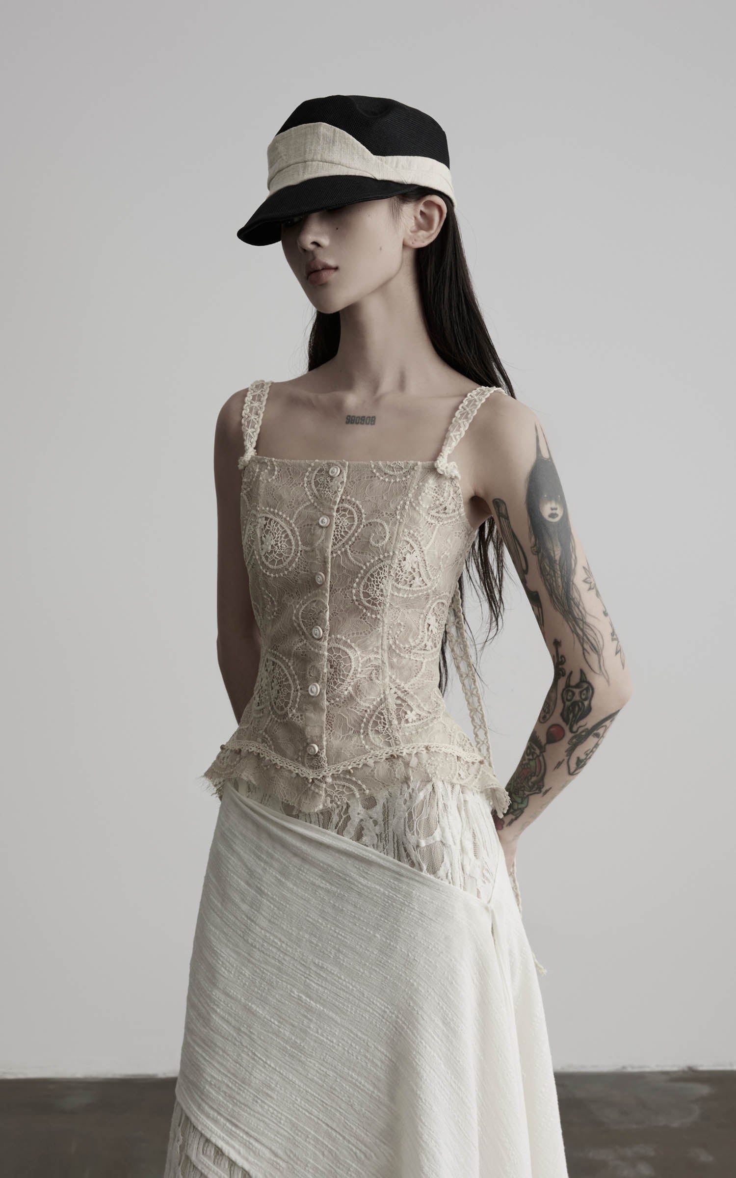 DOINDULGE Antique Lace Corset Camisole Raw Edge Asymmetric Hem Top