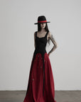 DOINDULGE Crimson Ritual Panel Maxi Dress Contrast Corset Silhouette Beaded Gown
