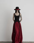 DOINDULGE Crimson Ritual Panel Maxi Dress Contrast Corset Silhouette Beaded Gown