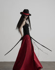 DOINDULGE Crimson Ritual Panel Maxi Dress Contrast Corset Silhouette Beaded Gown