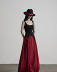 DOINDULGE Crimson Ritual Panel Maxi Dress Contrast Corset Silhouette Beaded Gown