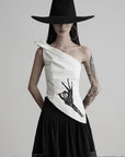 DOINDULGE One Shoulder Asymmetric Embroidered Top