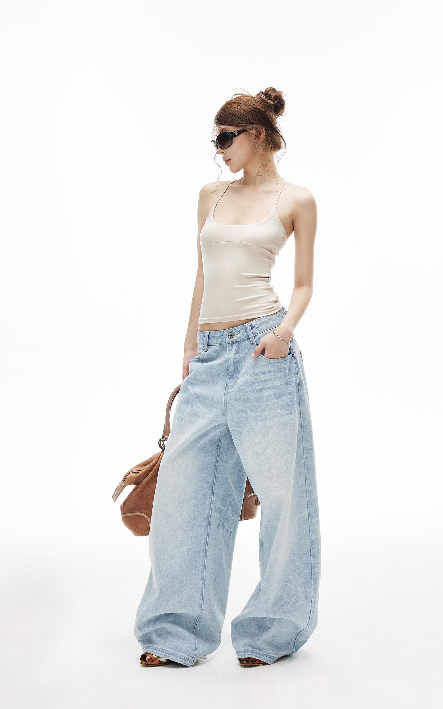 IAMXIAA Jean large taille basse délavé