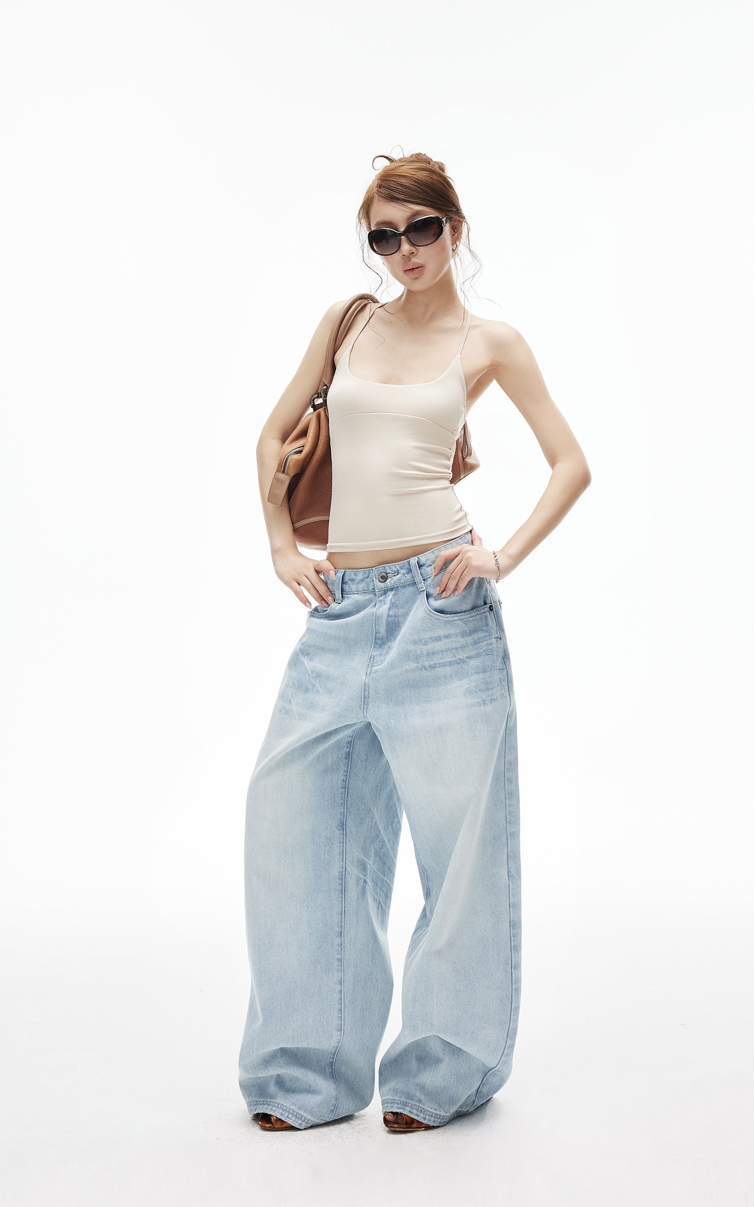 IAMXIAA Jean large taille basse délavé