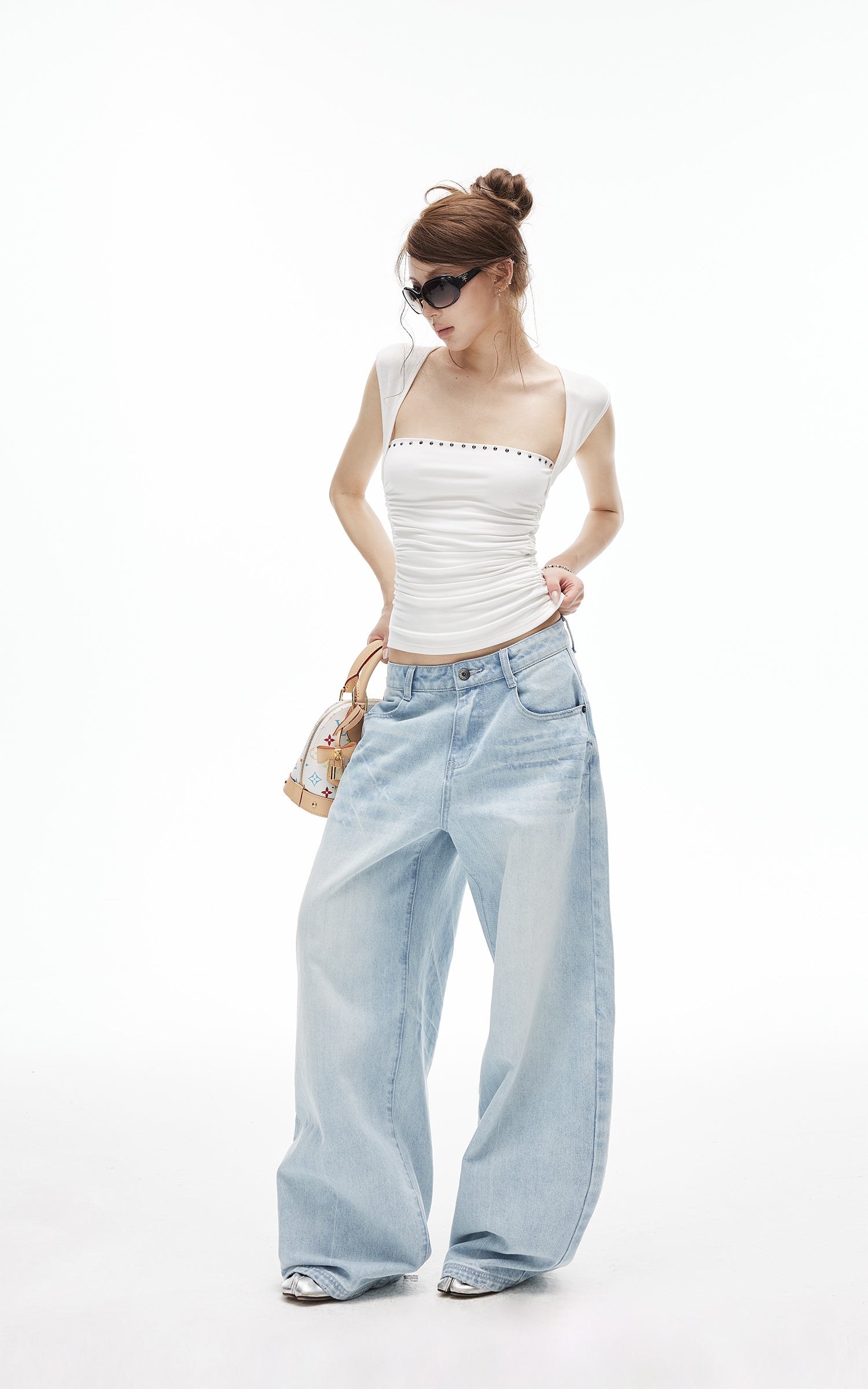 IAMXIAA Jean large taille basse délavé