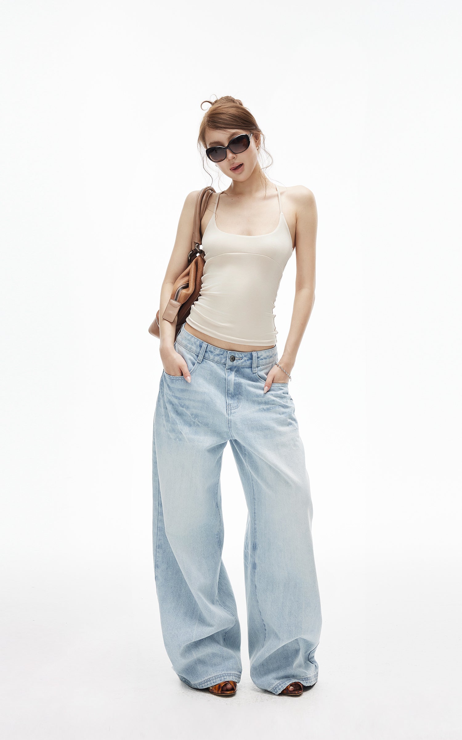 IAMXIAA Jean large taille basse délavé