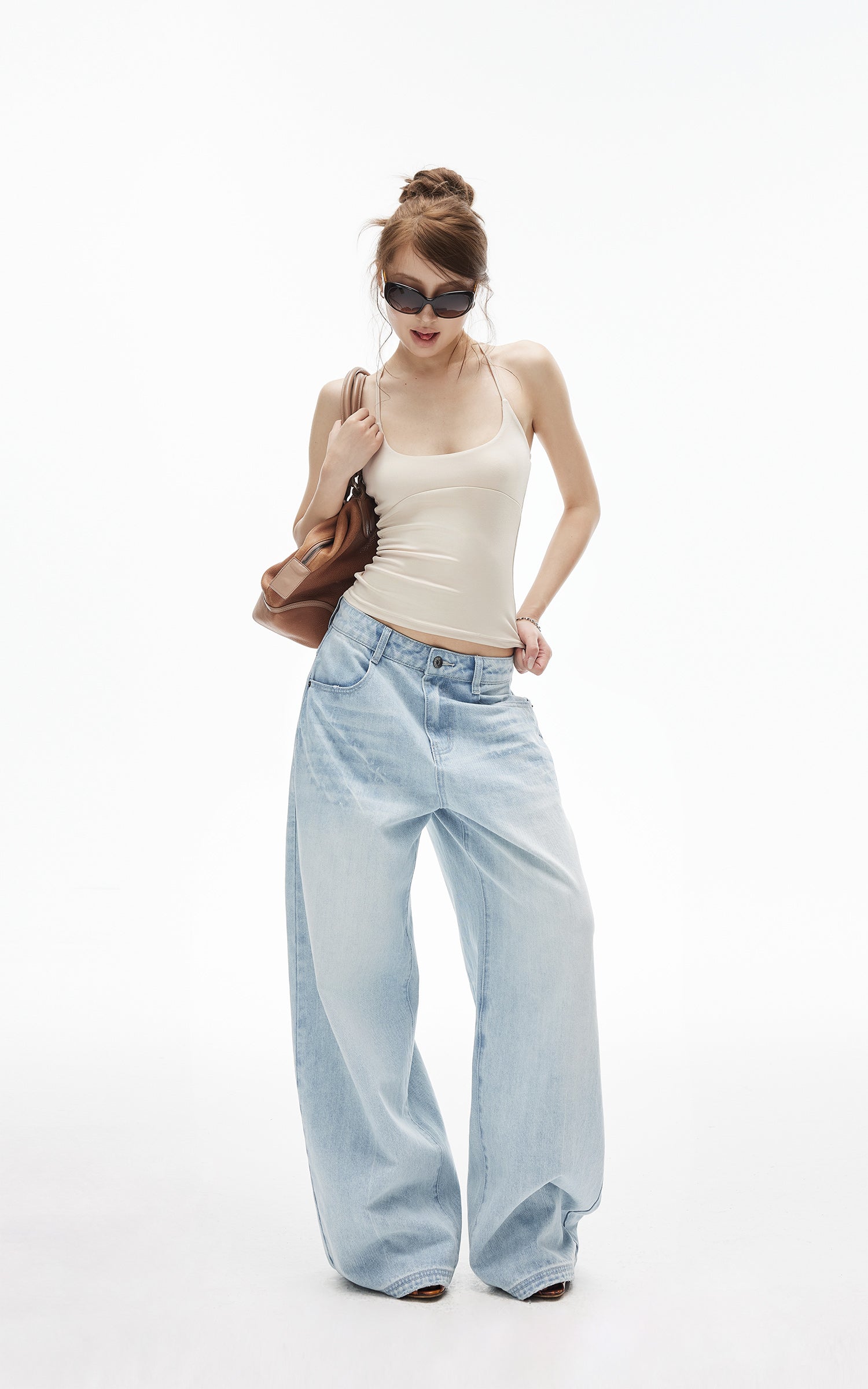 IAMXIAA Jean large taille basse délavé