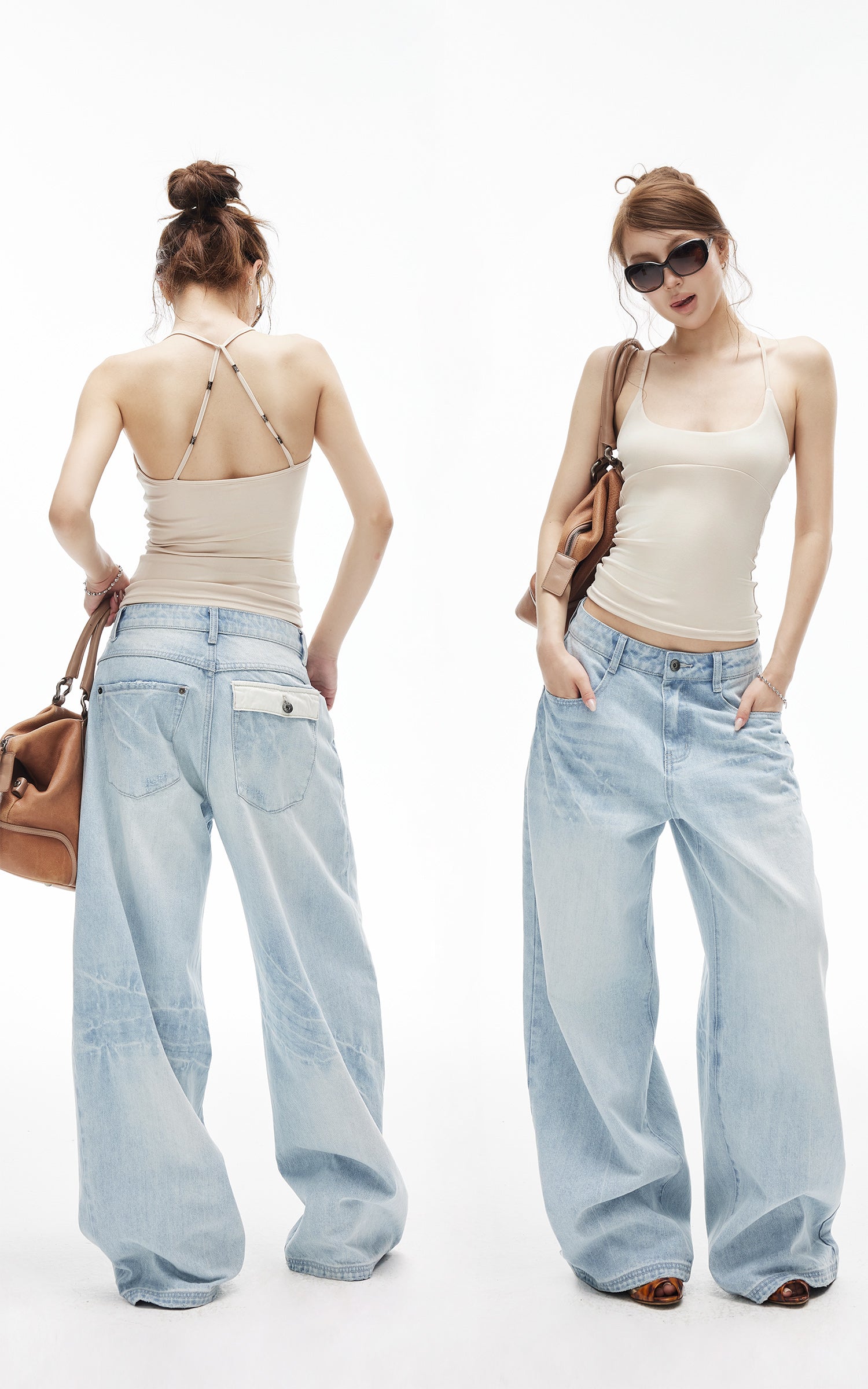 IAMXIAA Jean large taille basse délavé