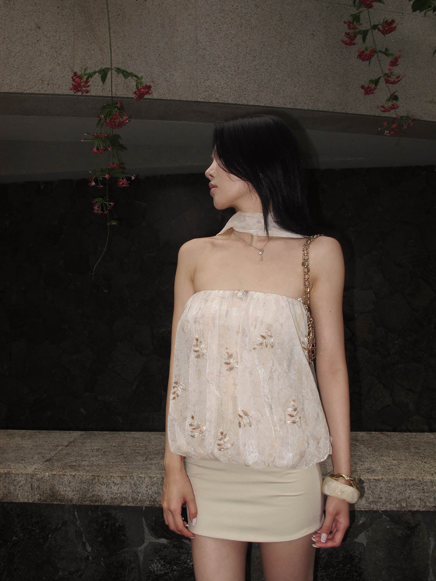 Hydrae Embroidered Chiffon Bubble Mini Dress