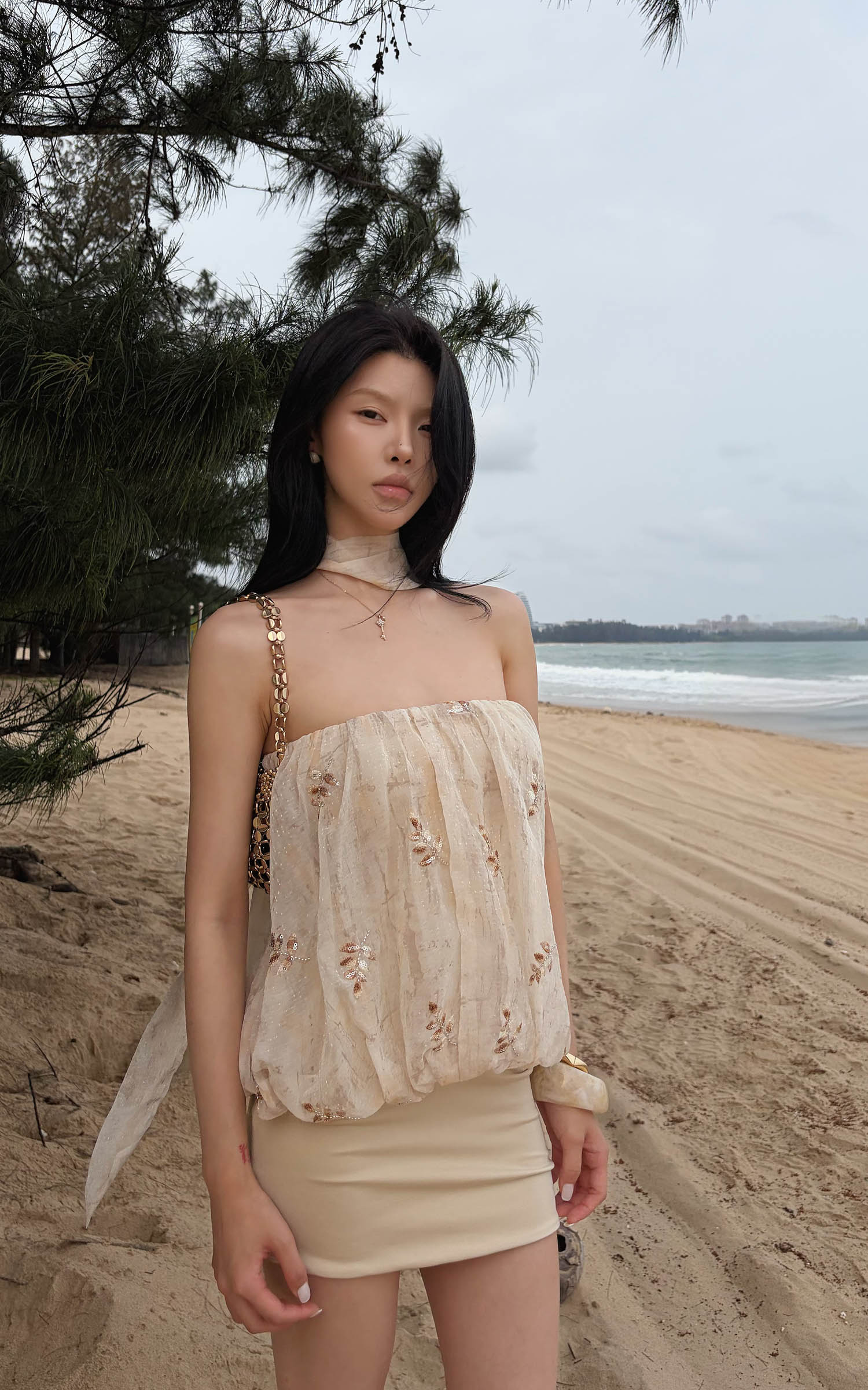 Hydrae Embroidered Chiffon Bubble Mini Dress