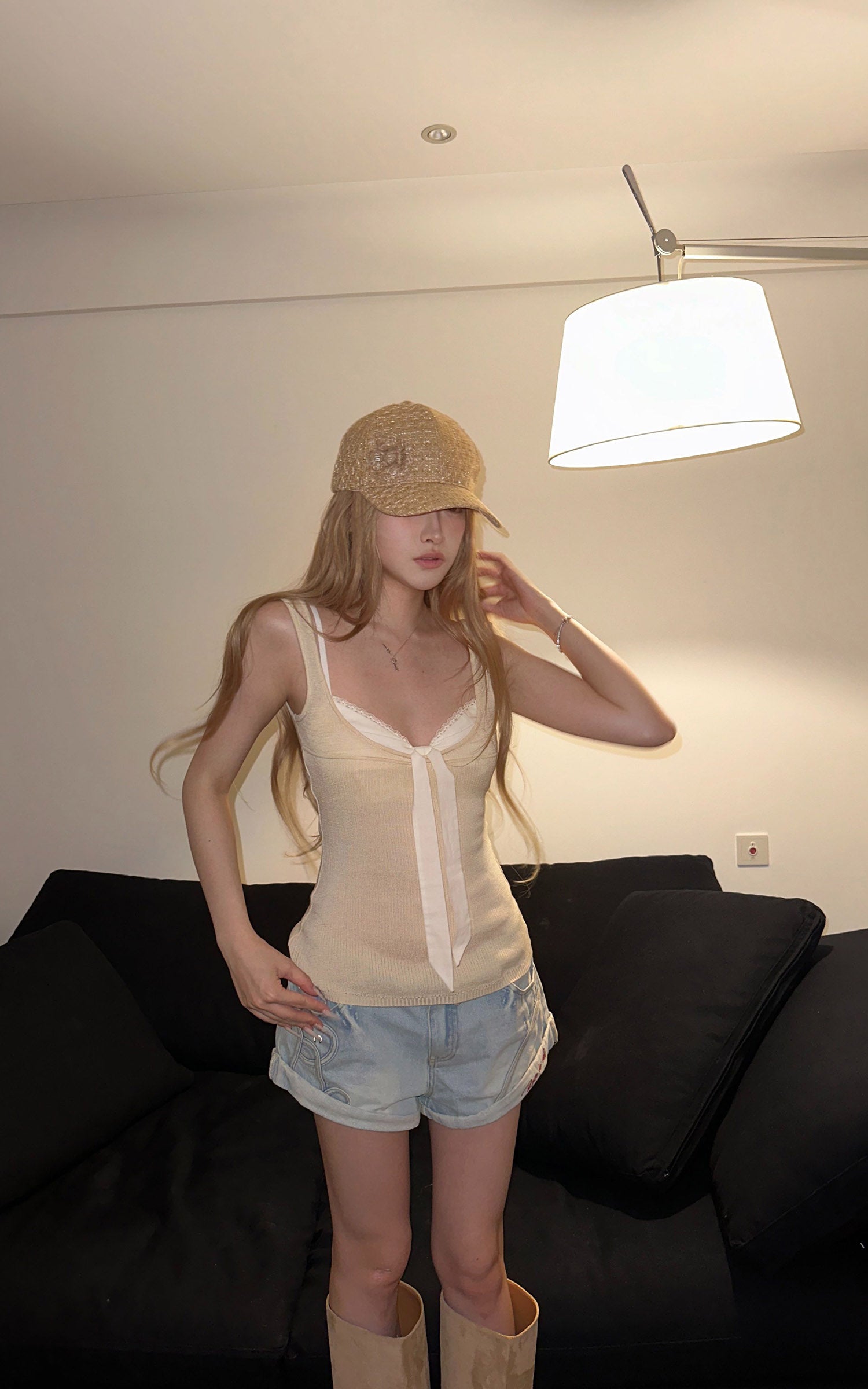 Rase le sol Apricot Lace-Layered Tie-Front Knit Camisole Set