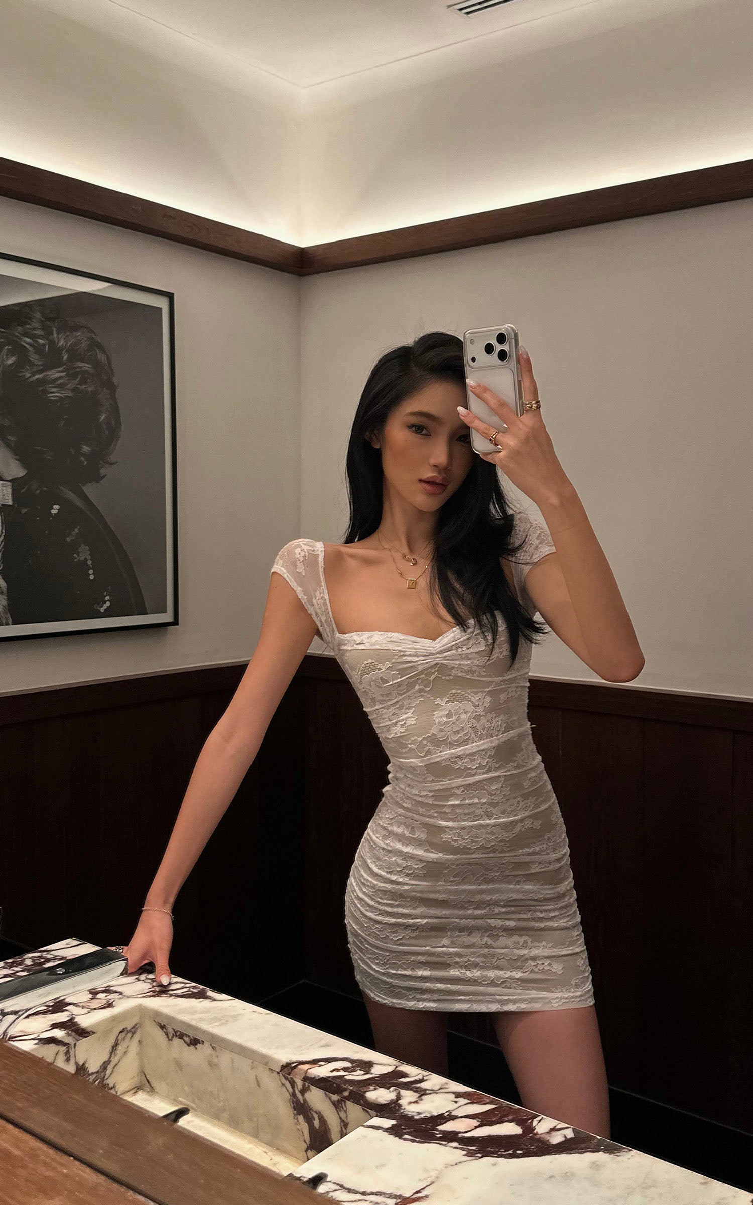 ROVENTE Ruched Lace Mini Dress