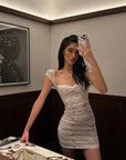 ROVENTE Ruched Lace Mini Dress