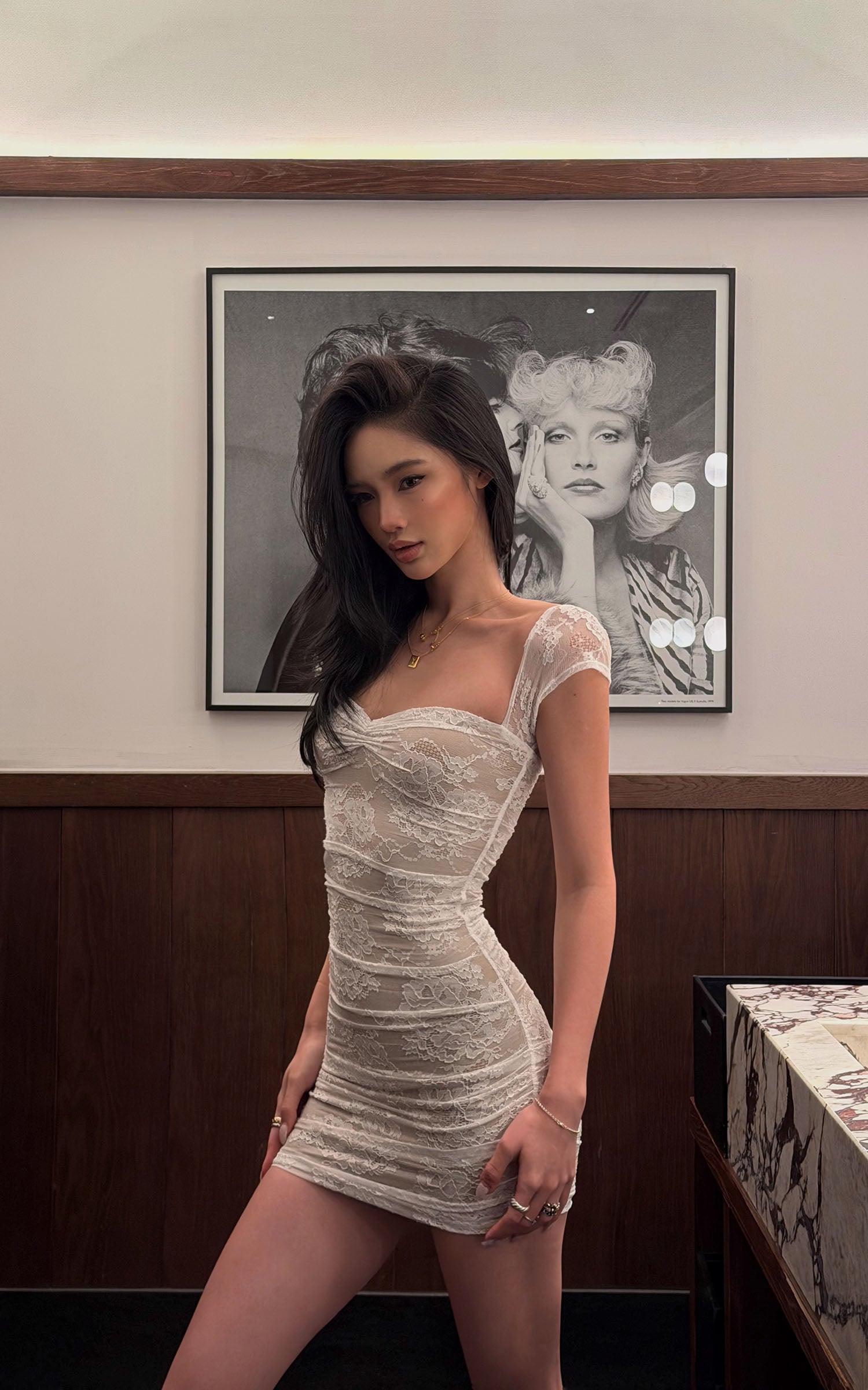 ROVENTE Ruched Lace Mini Dress