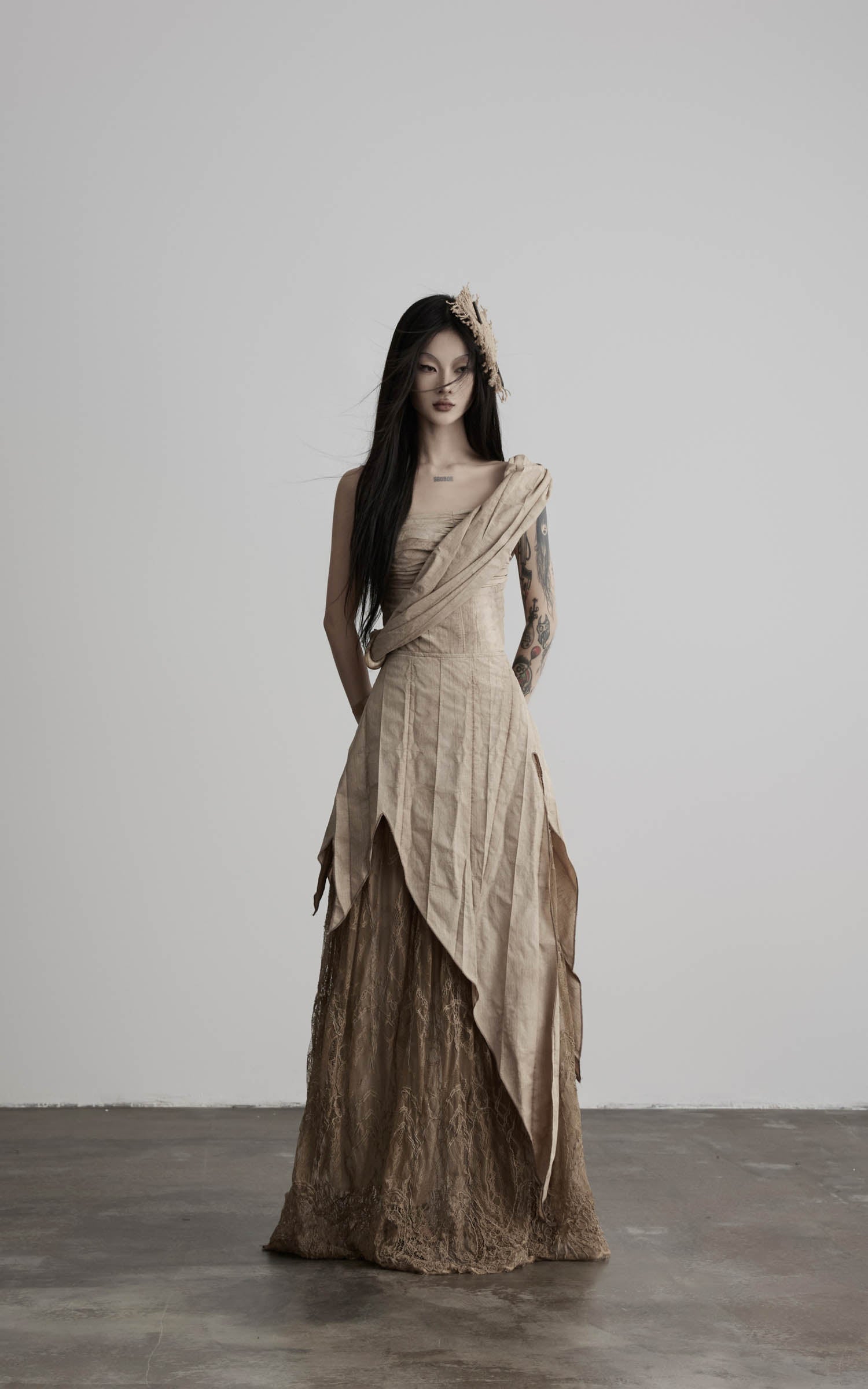 DOINDULGE Asymmetric Lace Panel Maxi Dress