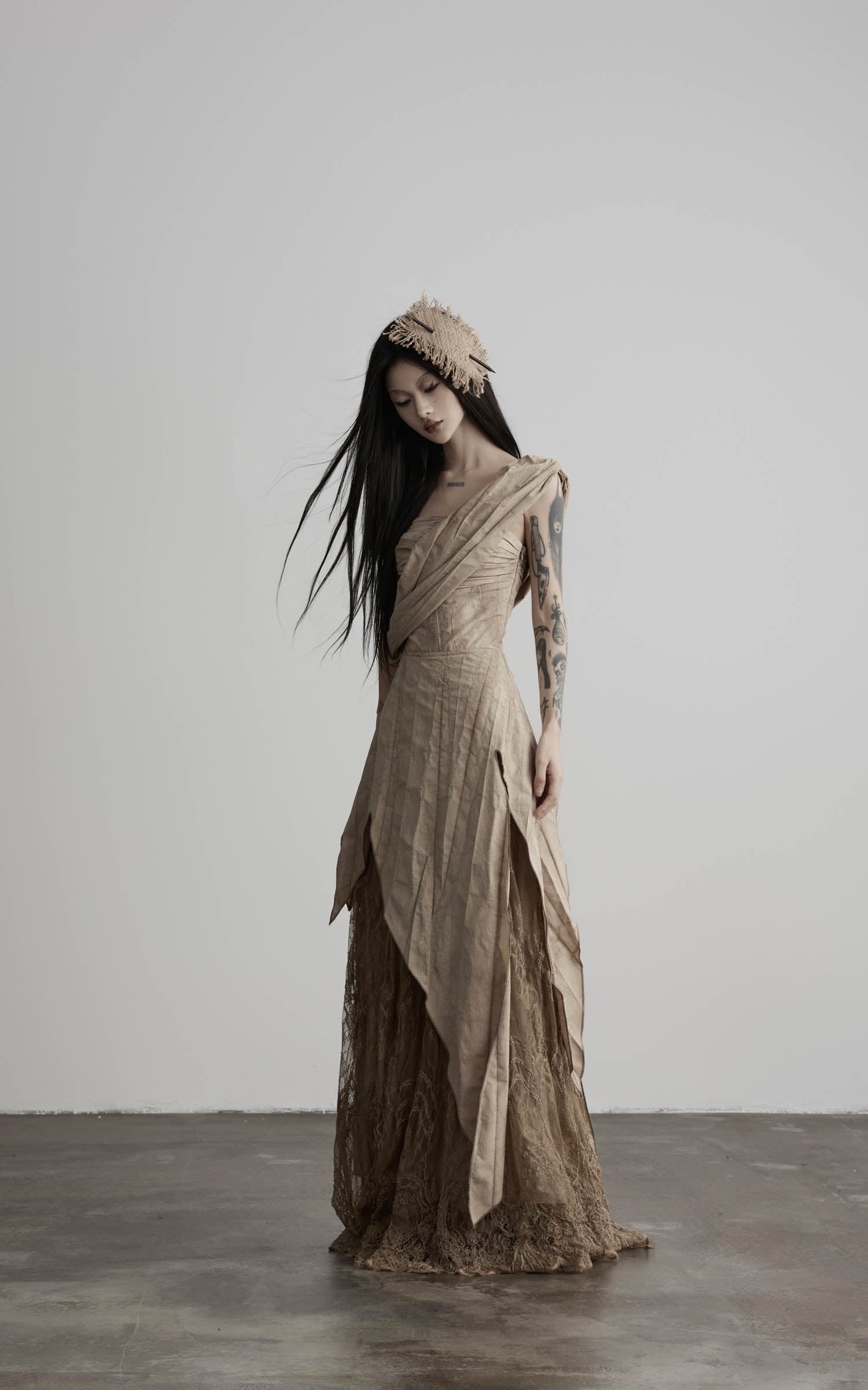 DOINDULGE Asymmetric Lace Panel Maxi Dress