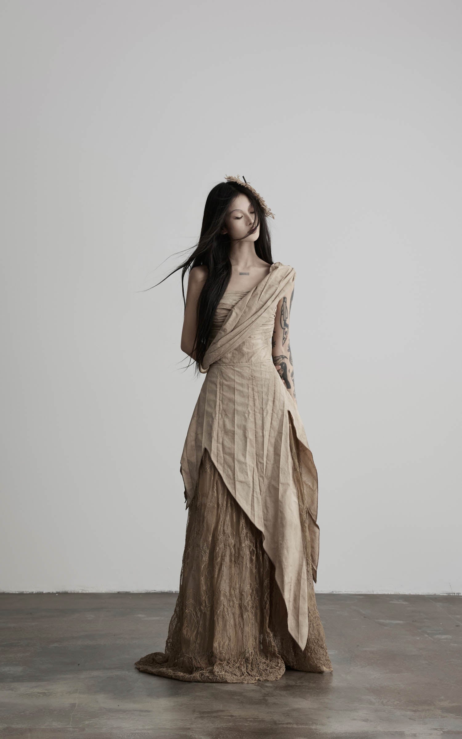 DOINDULGE Asymmetric Lace Panel Maxi Dress