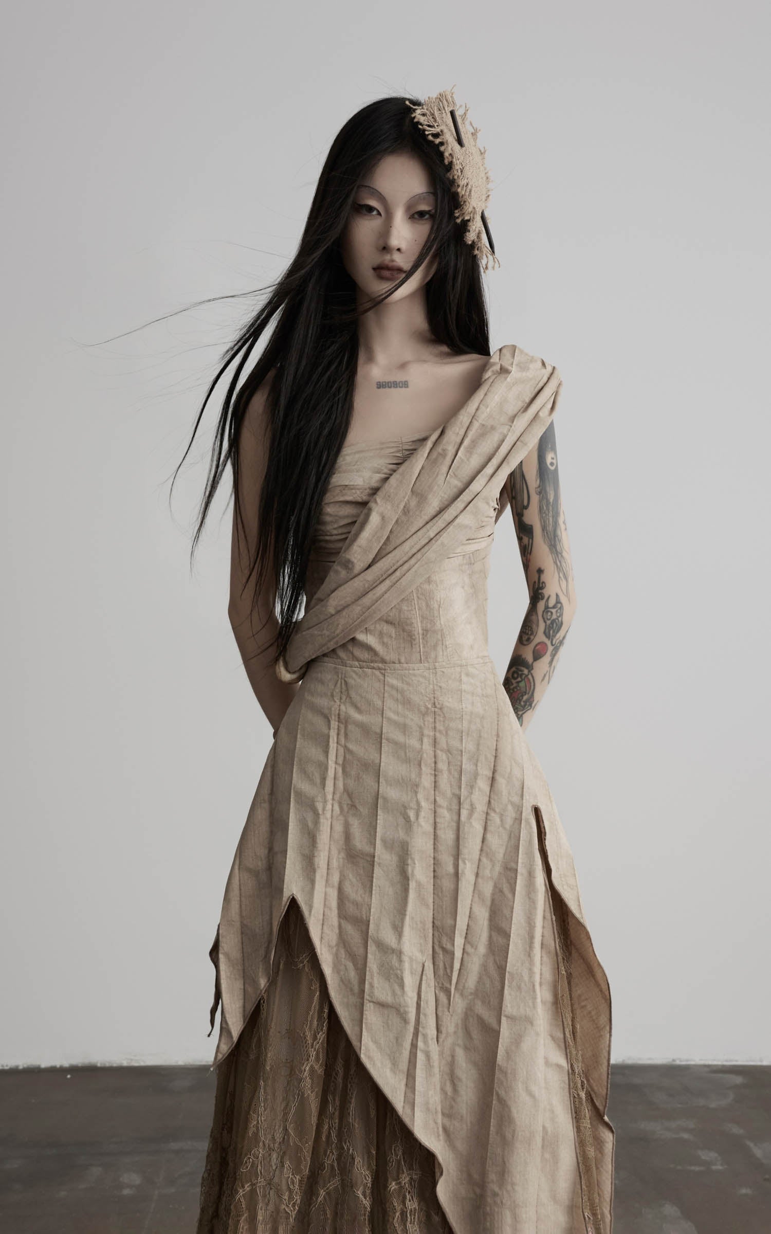 DOINDULGE Asymmetric Lace Panel Maxi Dress