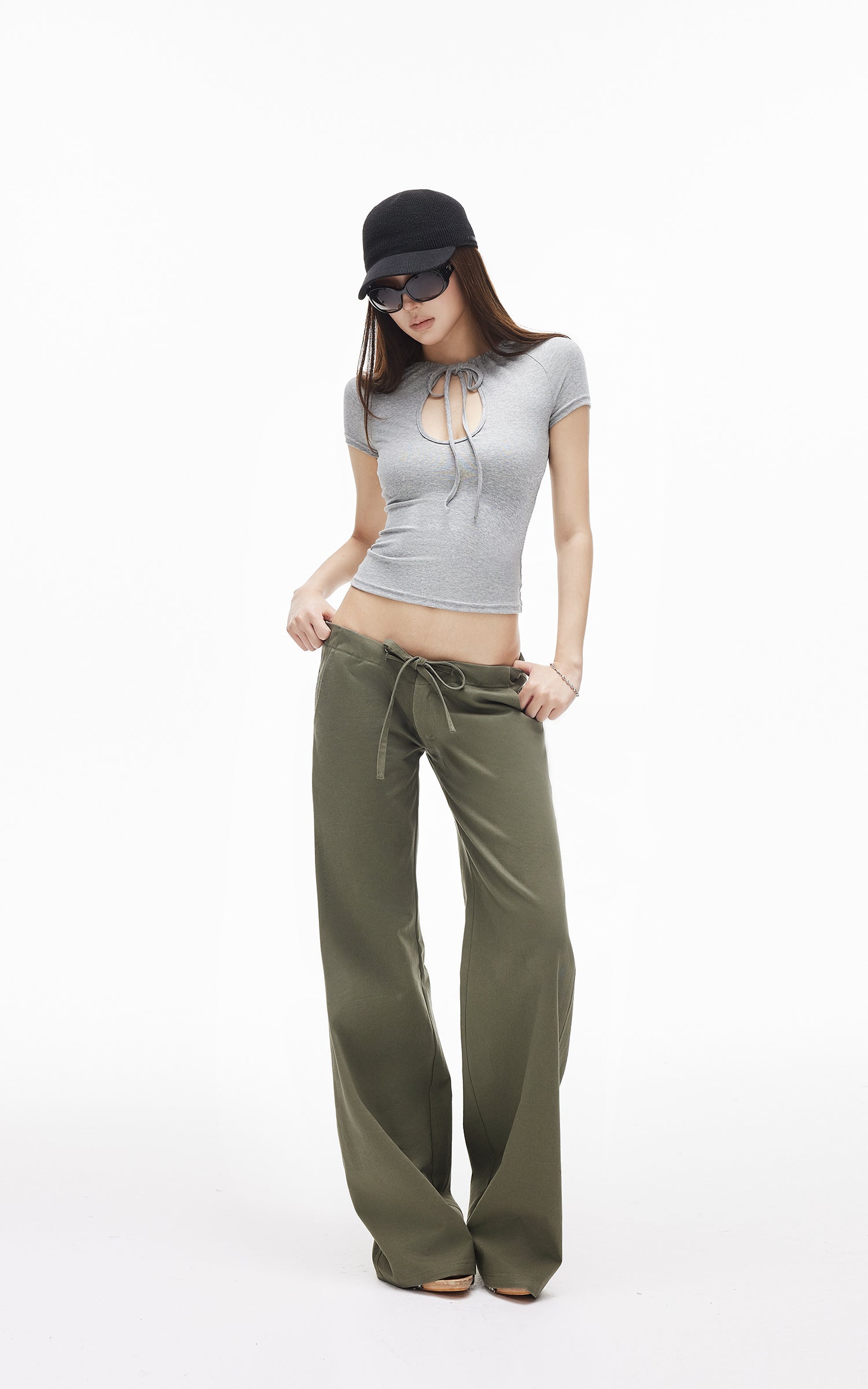 IAMXIAA Pantalon large à cordon taille basse